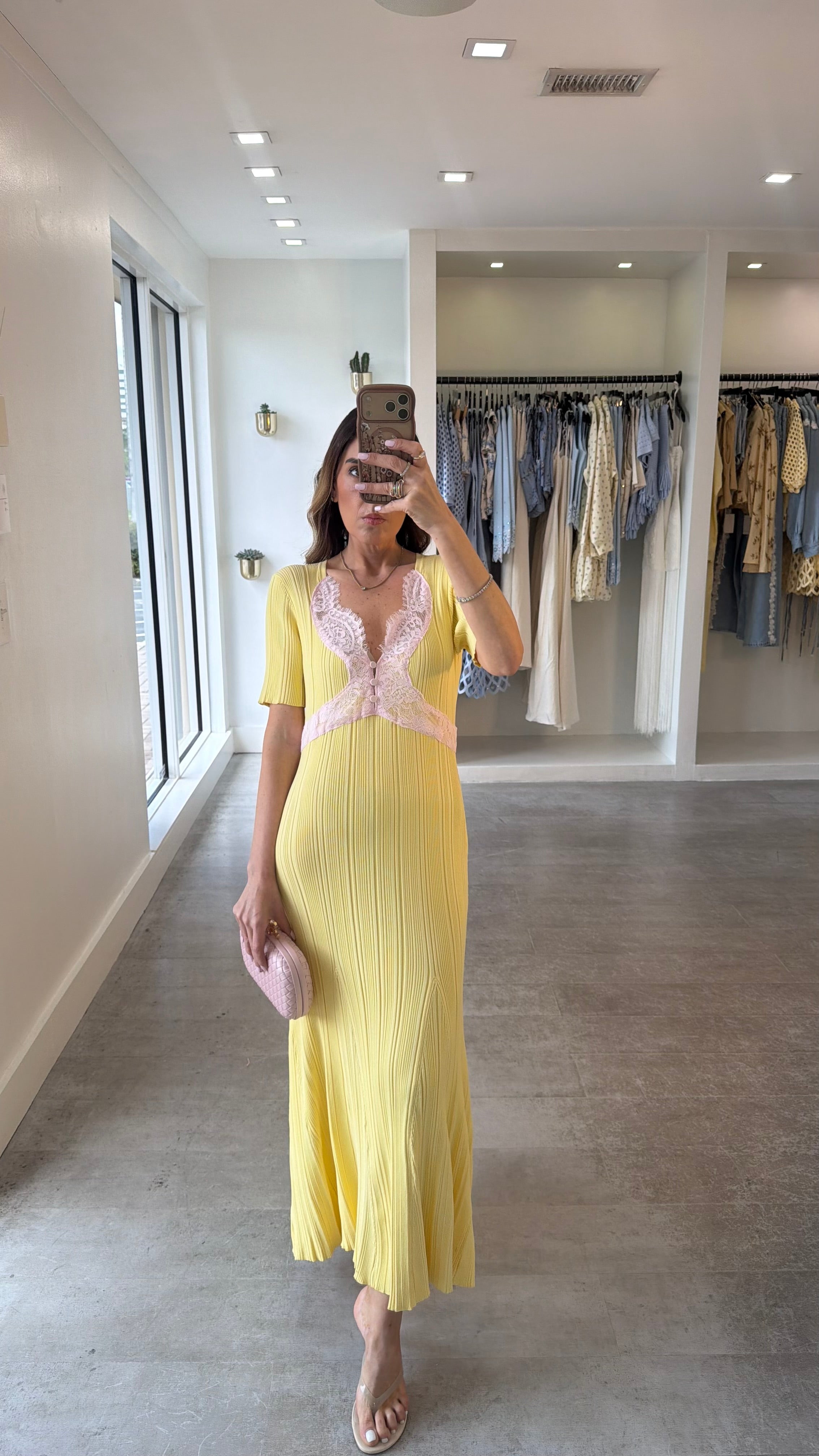 YELLOW LACE KNIT MIDI