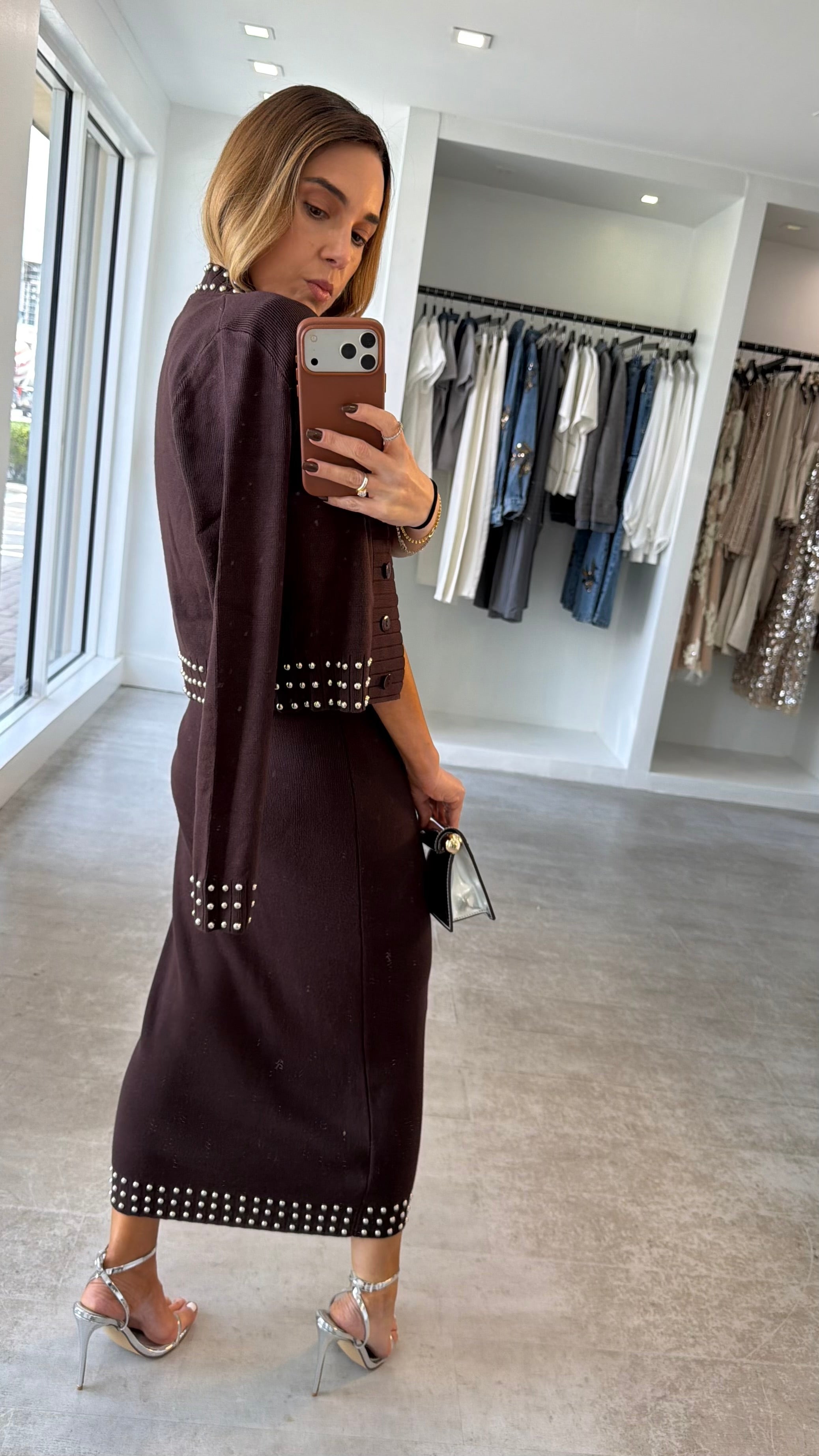 BROWN STUDDED MIDI