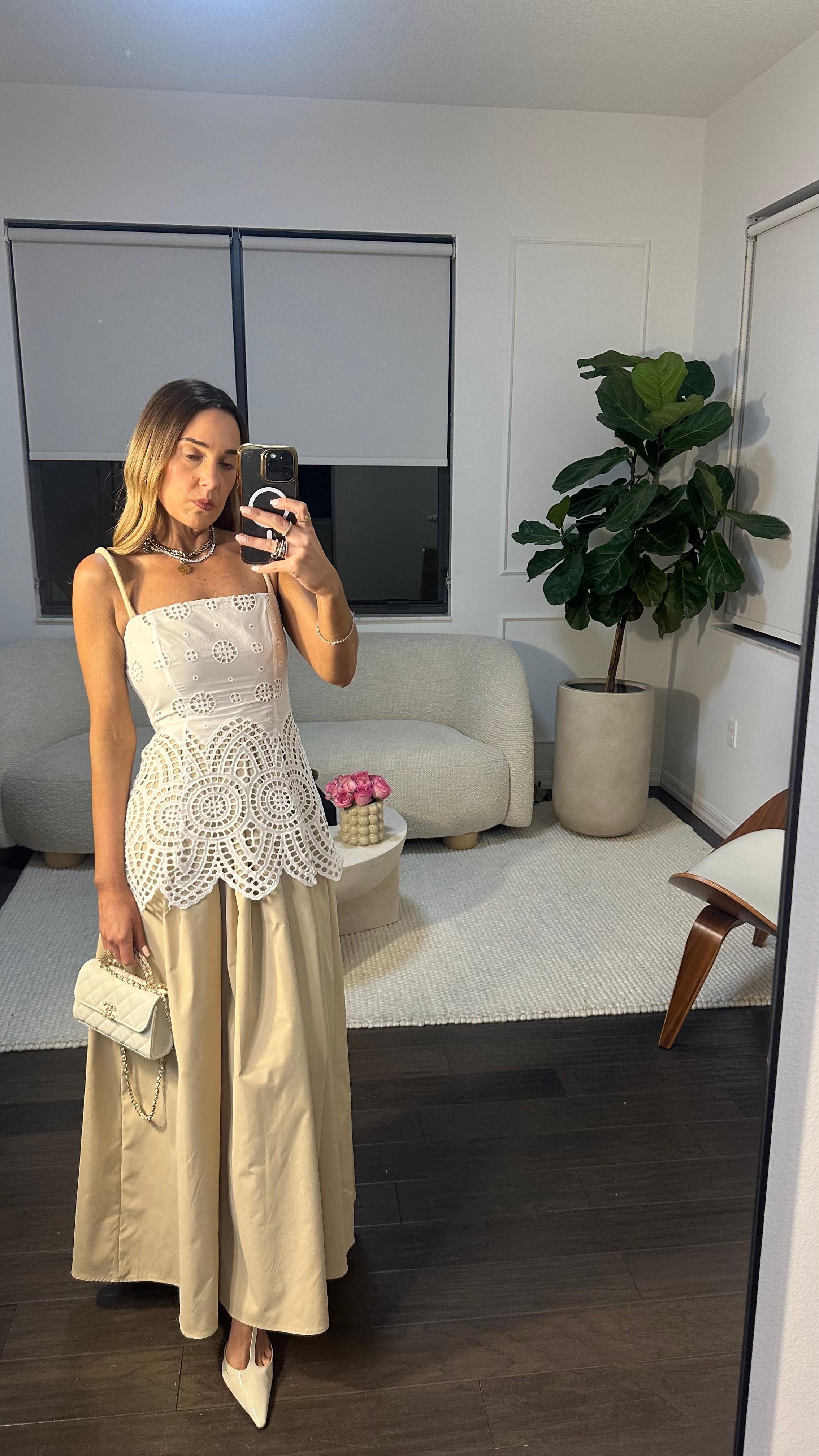 BEIGE LACE MIDI DRESS