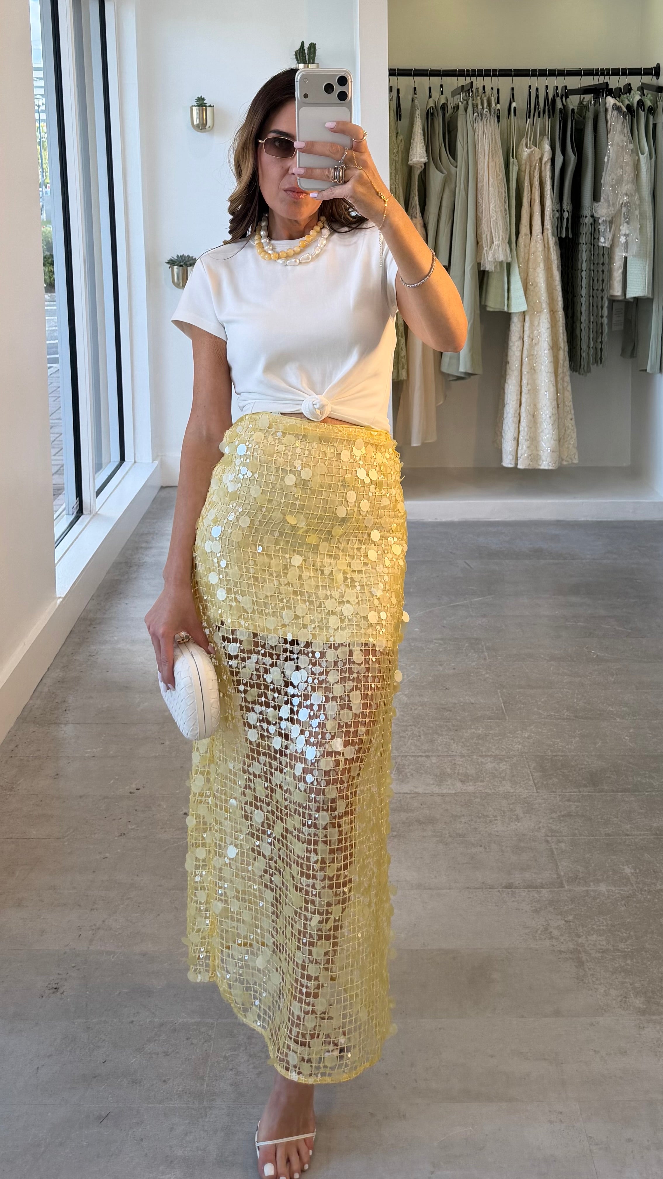 YELLOW SEQUIN MAXI SKIRT