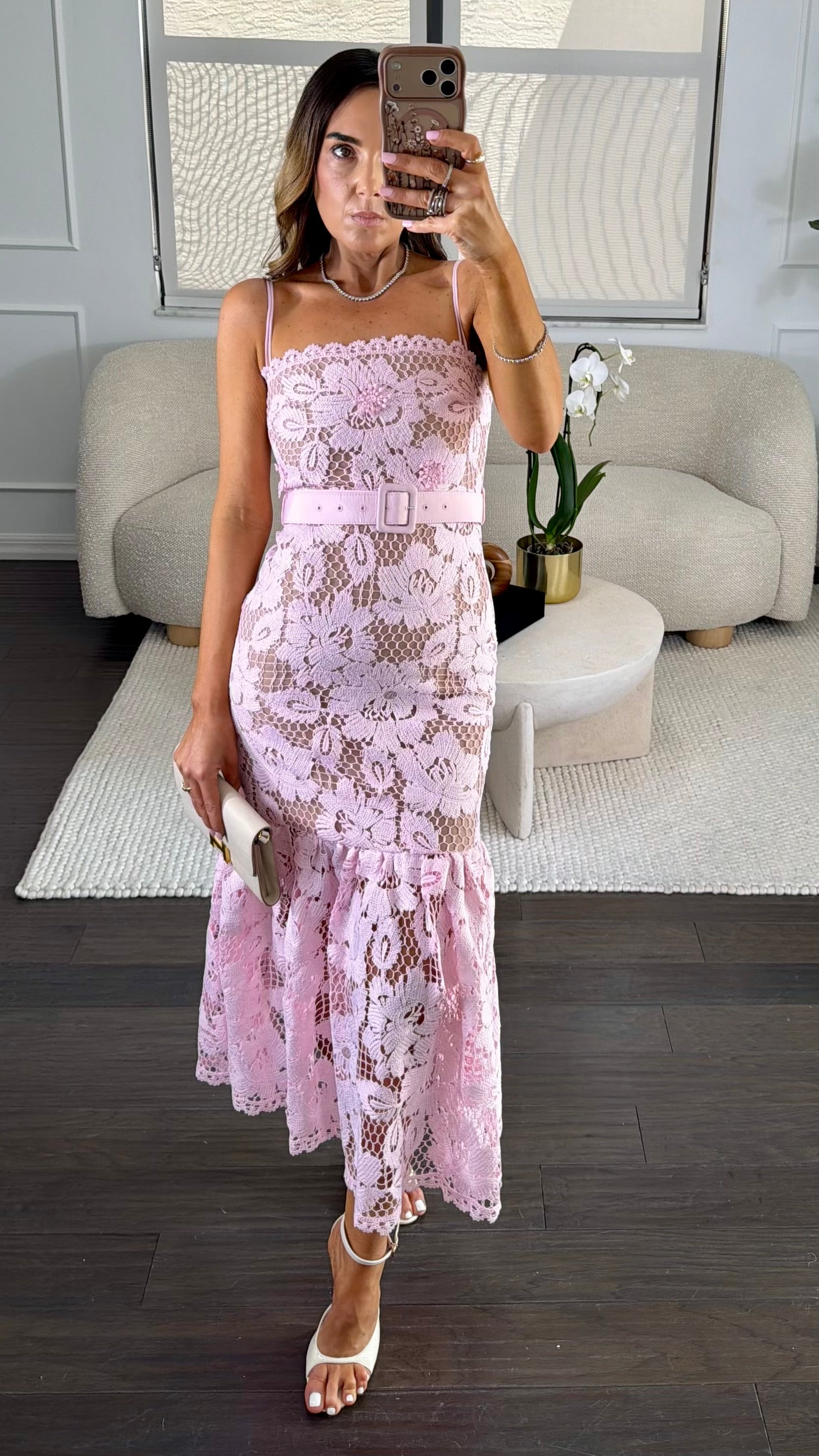 LACE PINK BELTED DRESS