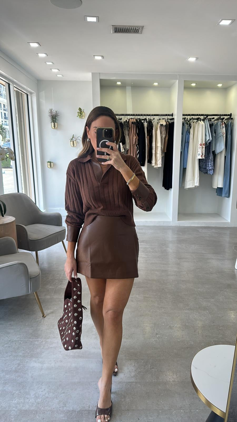 BROWN KNIT & LEATHER SET