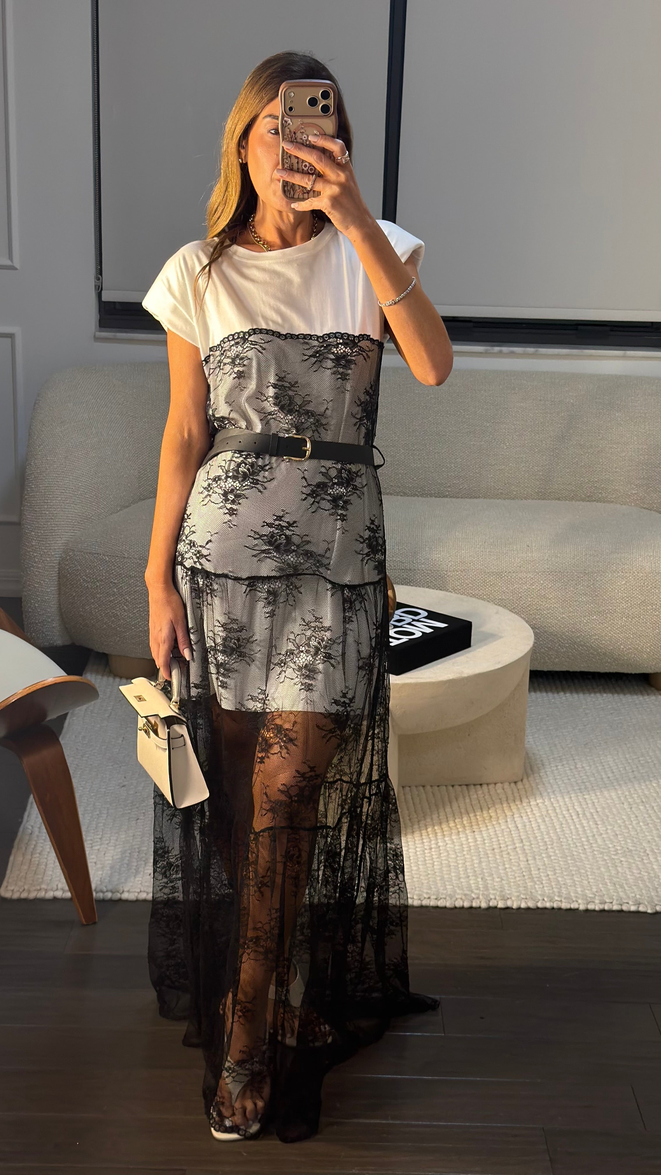 LACE ILLUSION BELTED DRESS