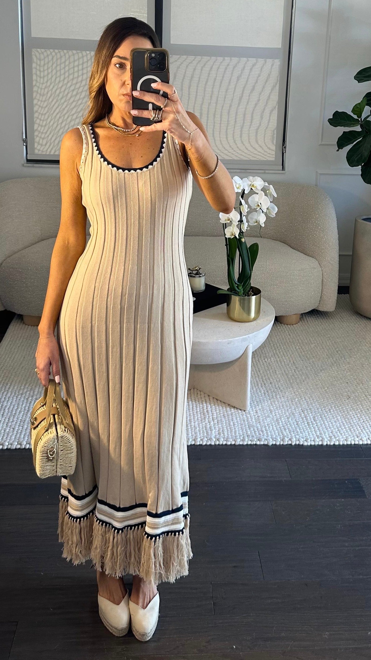 BEIGE KNIT FRINGE DRESS