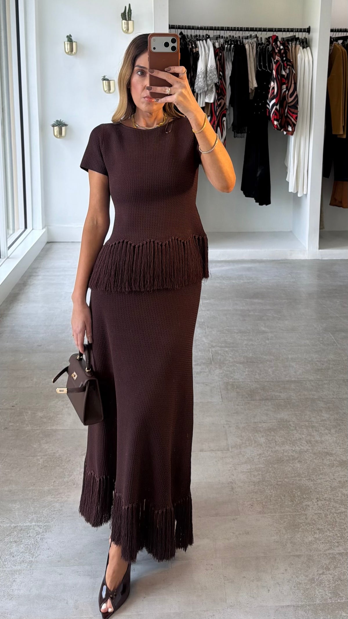 BROWN FRINGE KNIT SET