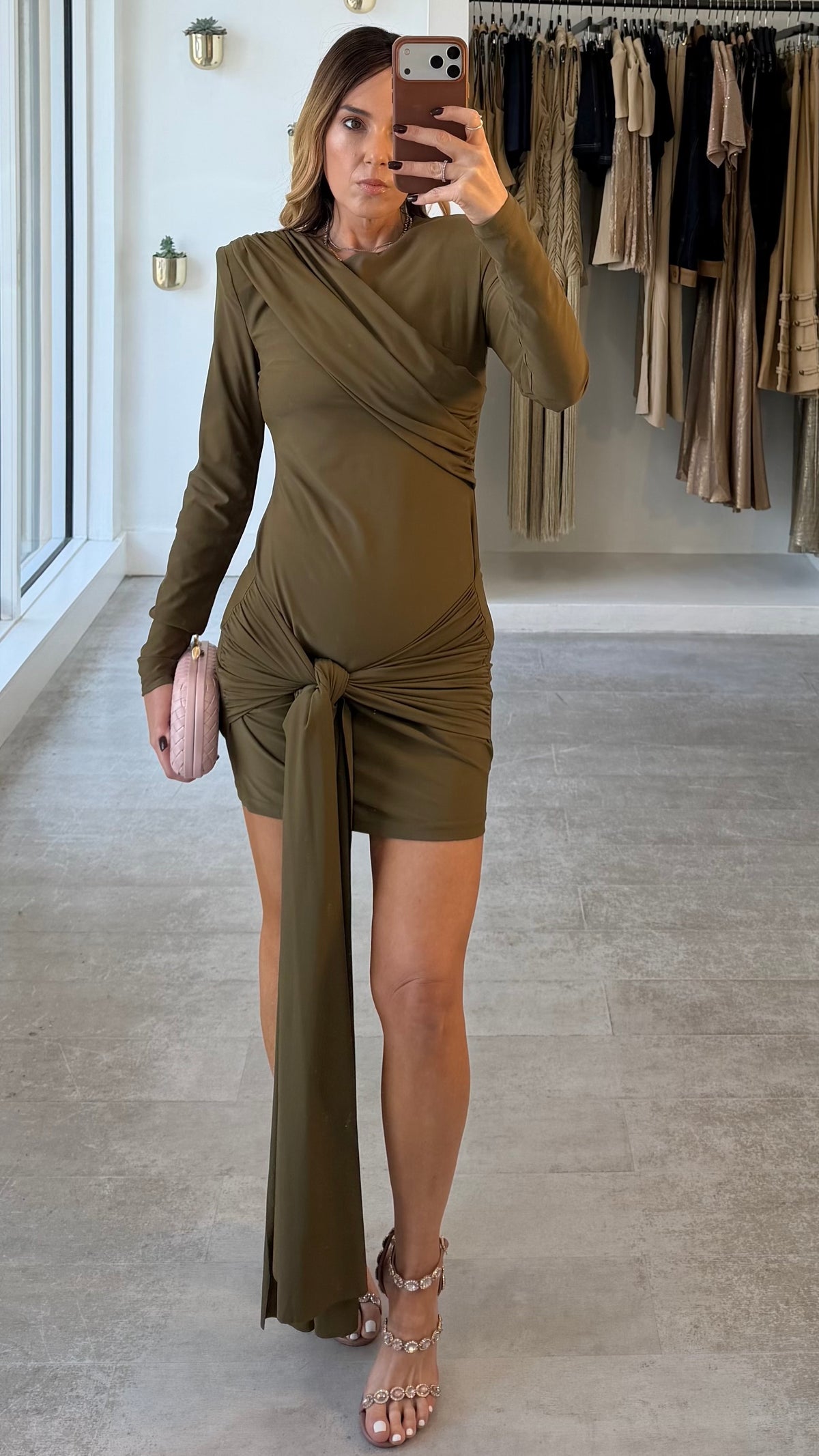 OLIVE SCULPTED MINI DRESS