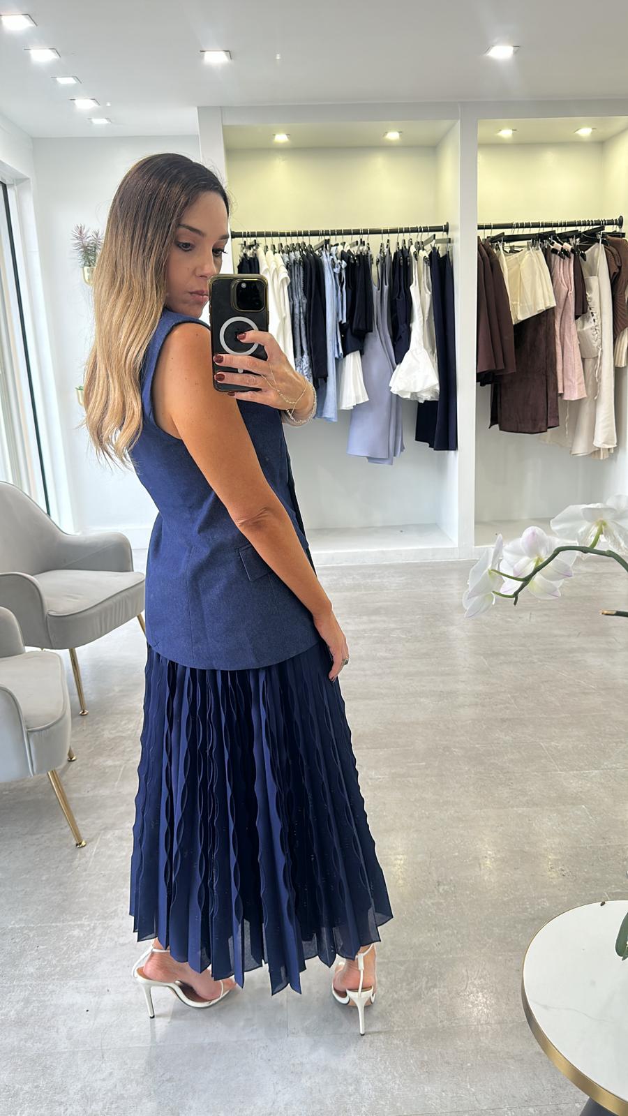NAVY VEST PLEAT DRESS