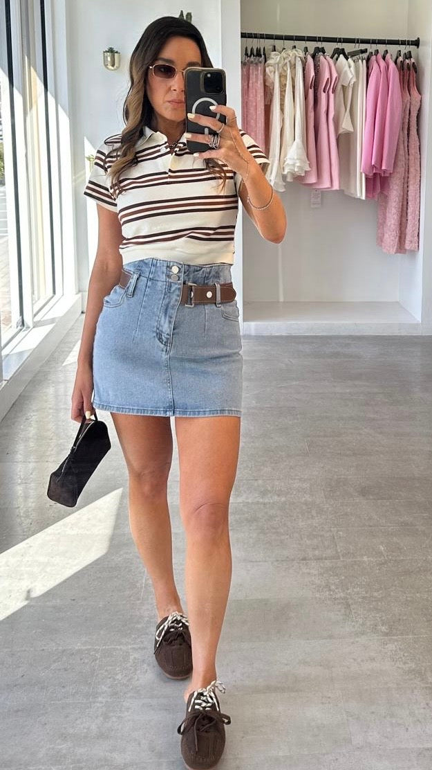 BROWN STRIPE POLO TOP