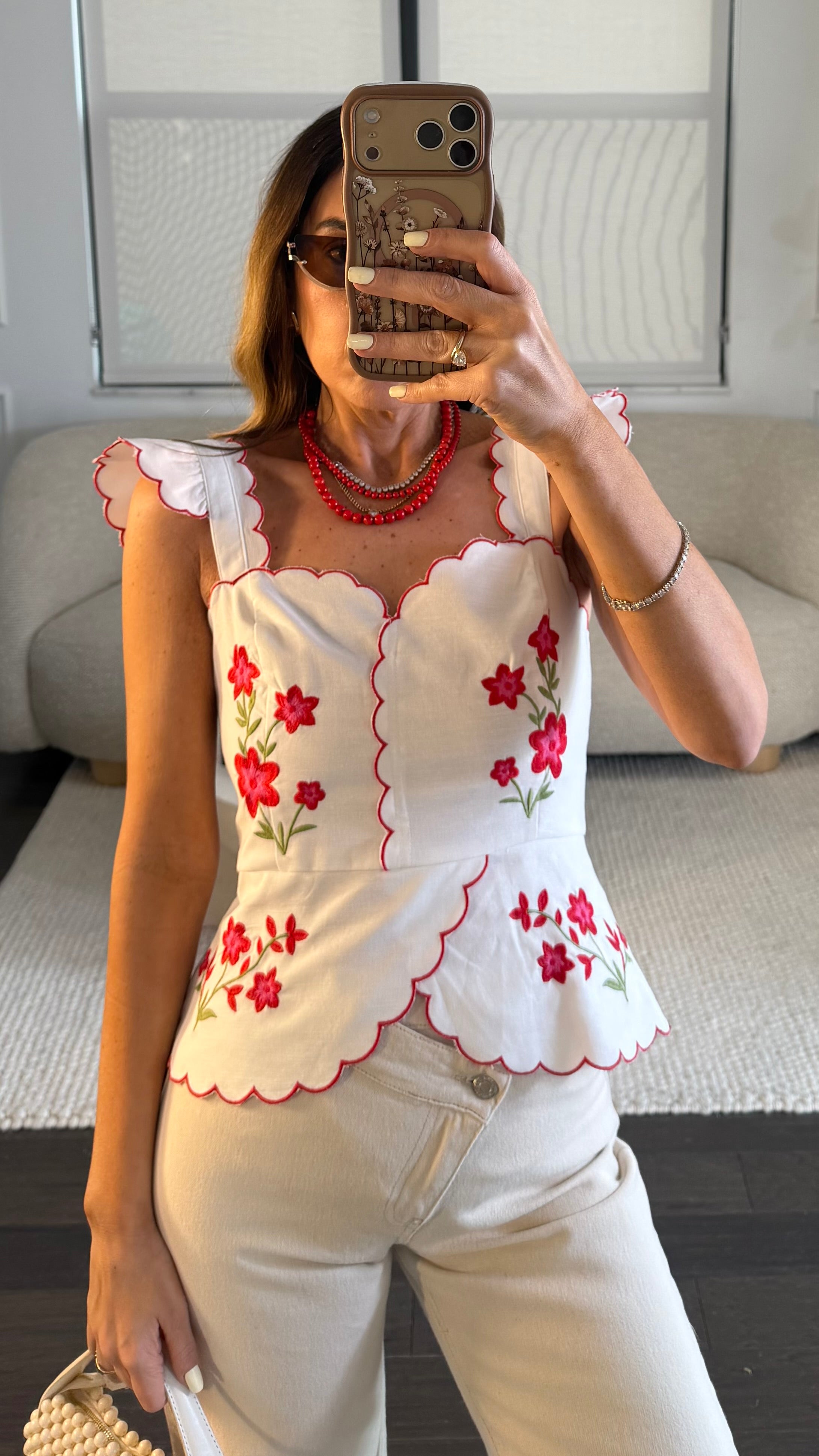 RED FLORAL SCALLOP TOP