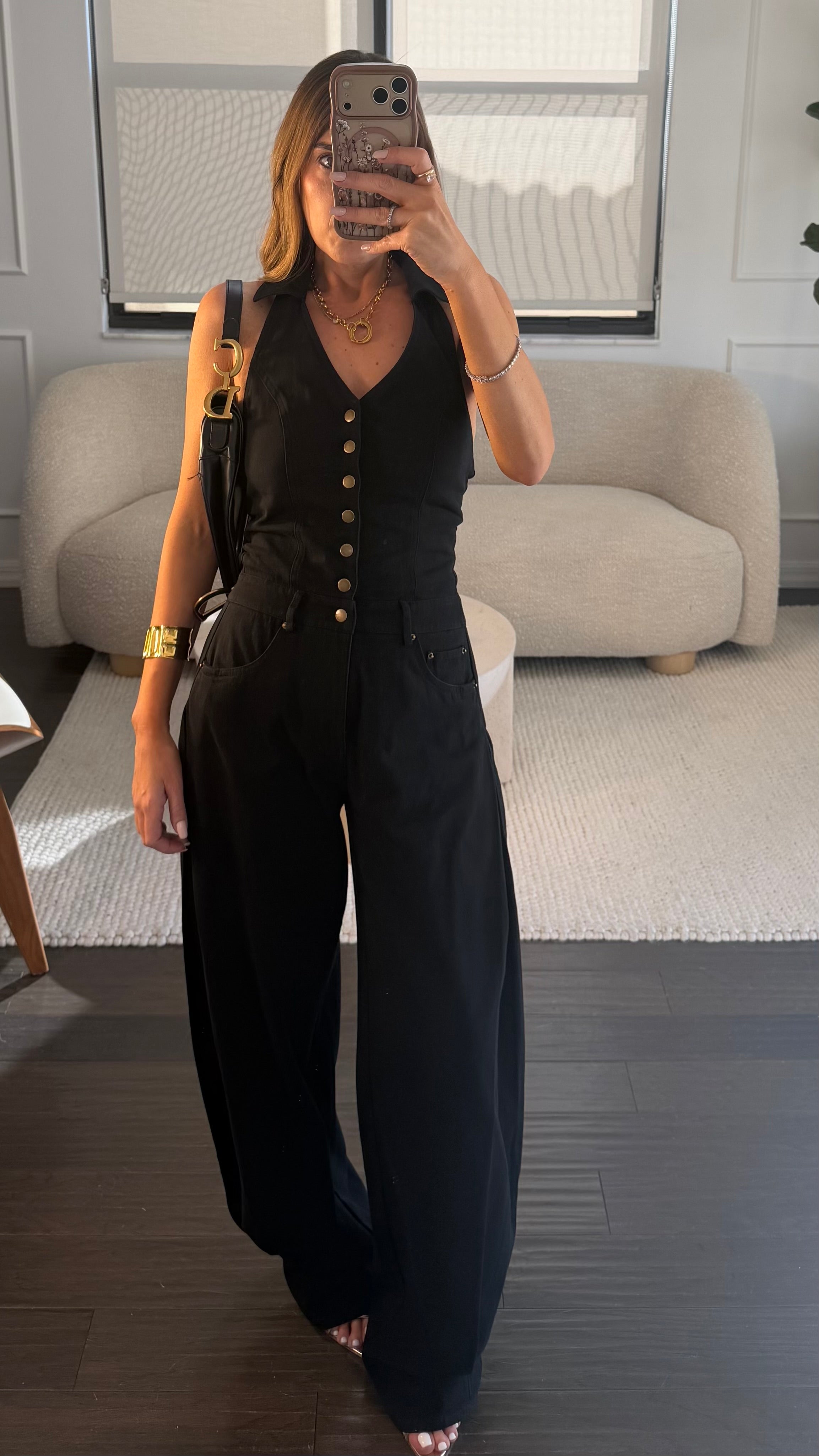 BLACK COLLAR BUTTON JUMPSUIT