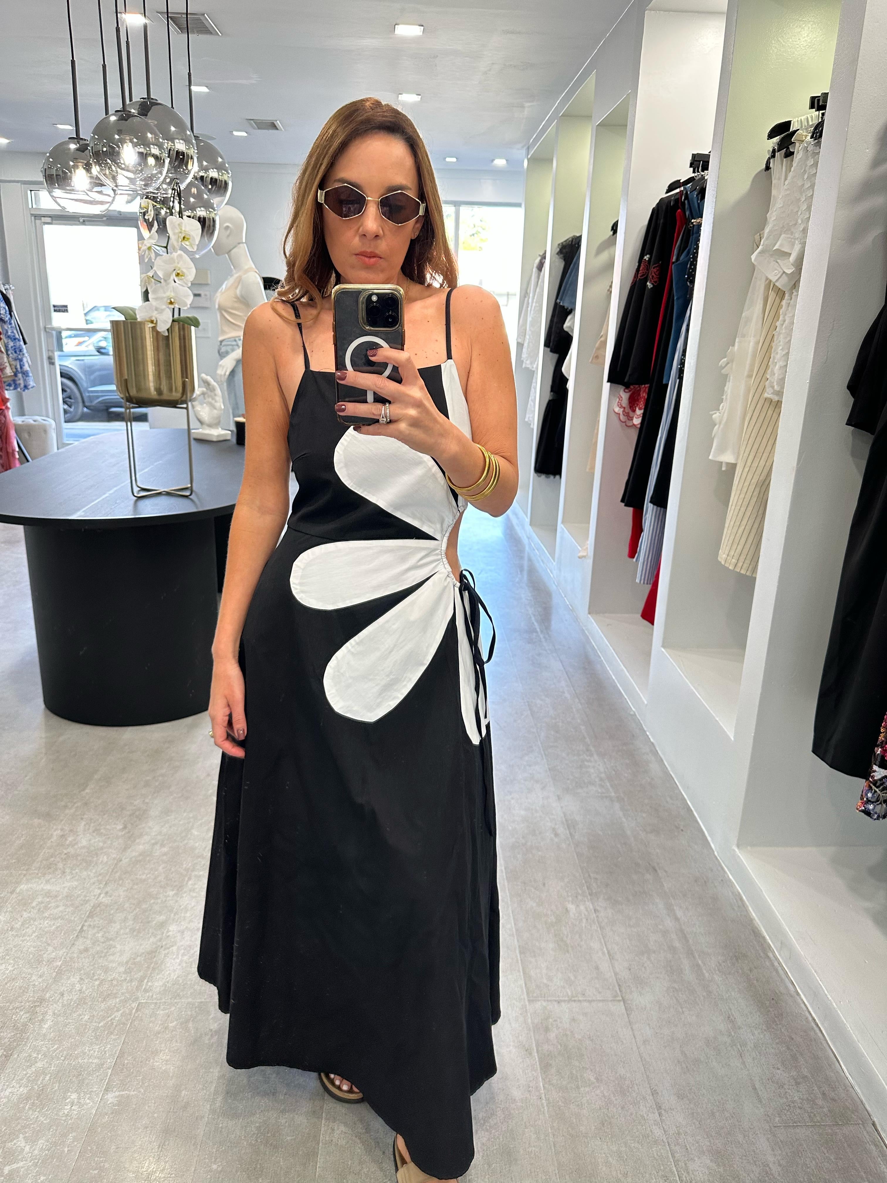 BLACK MIDI FLOWER DRESS