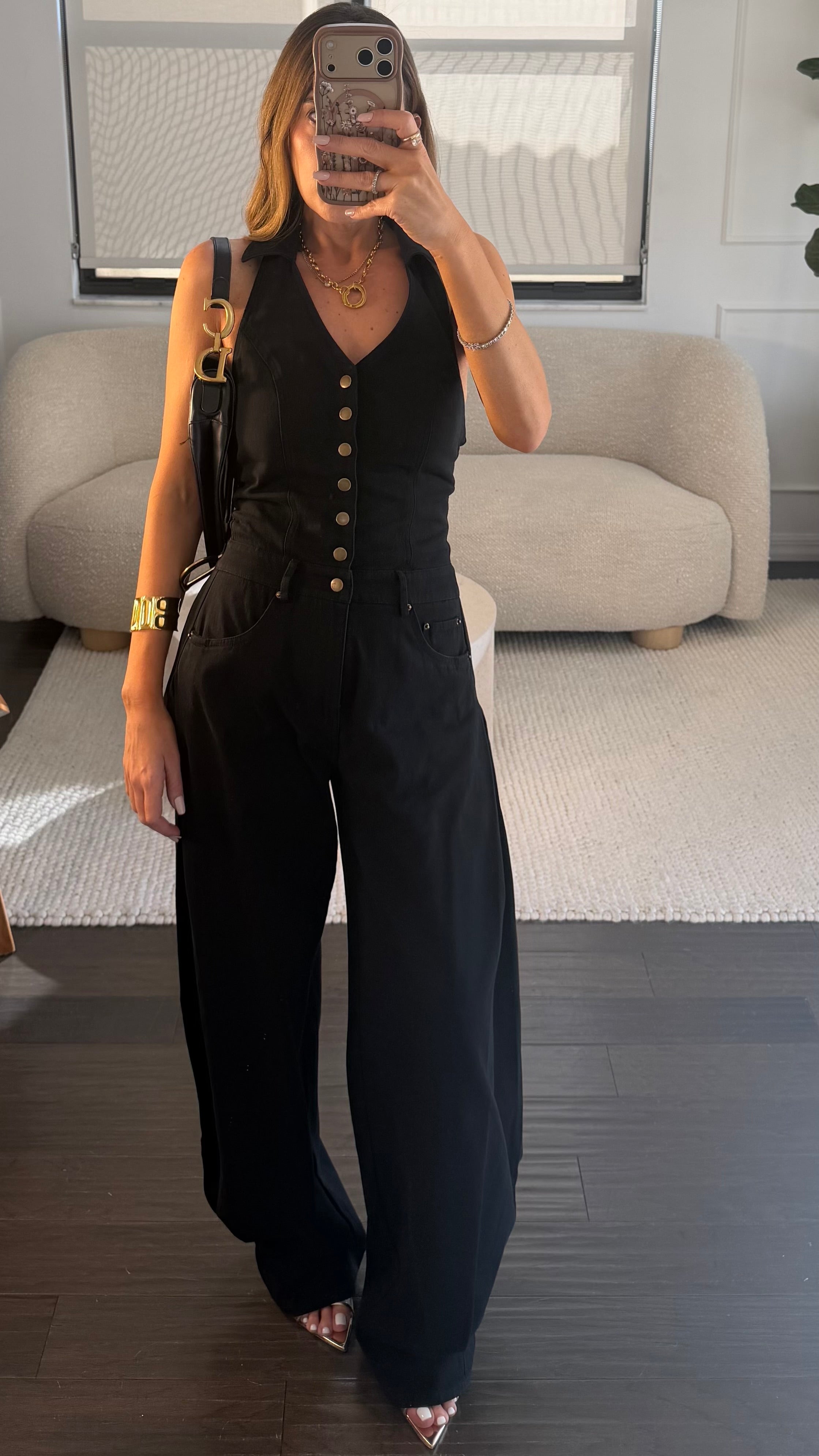 BLACK COLLAR BUTTON JUMPSUIT