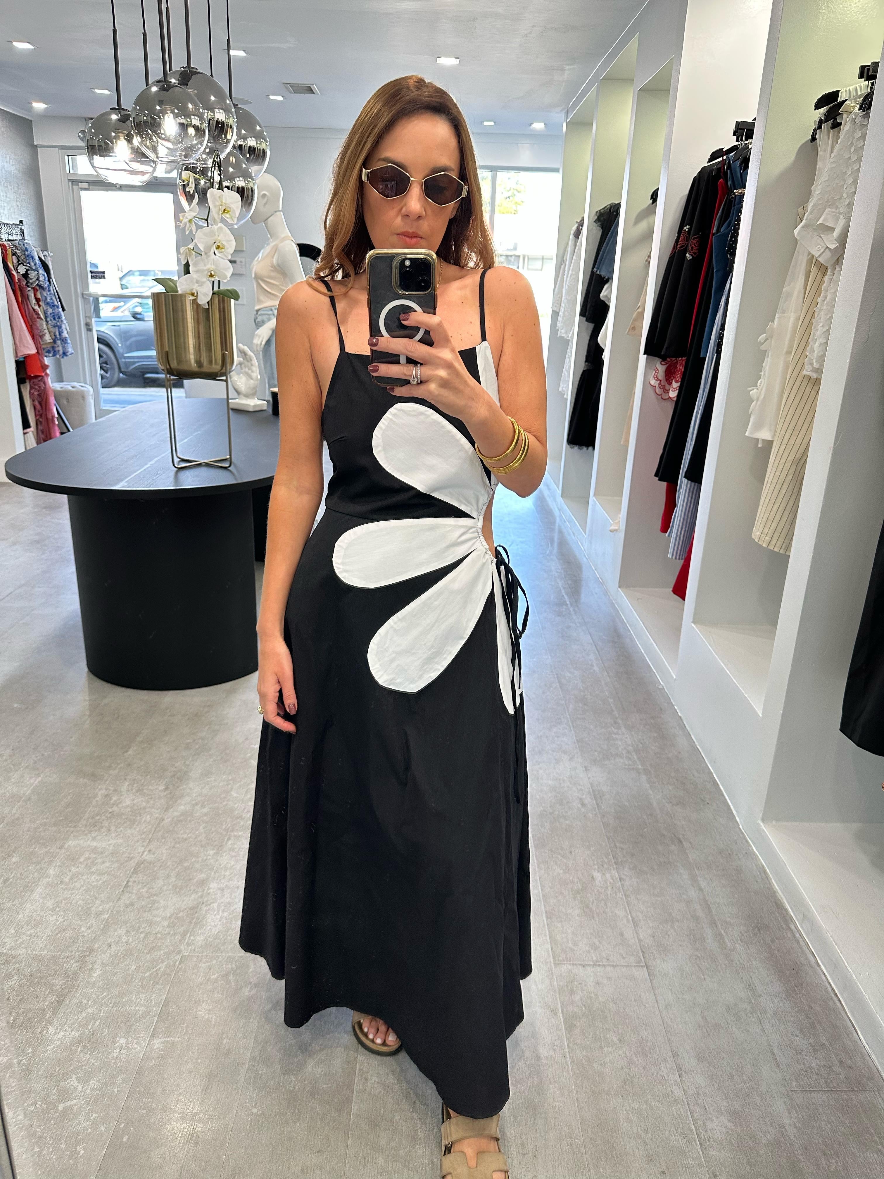 BLACK MIDI FLOWER DRESS