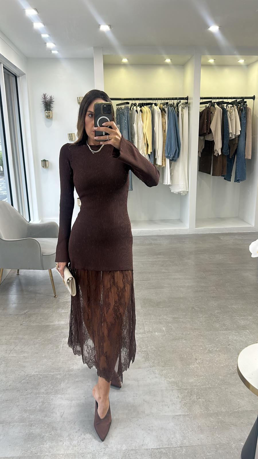 MOCHA LACE MIDI DRESS