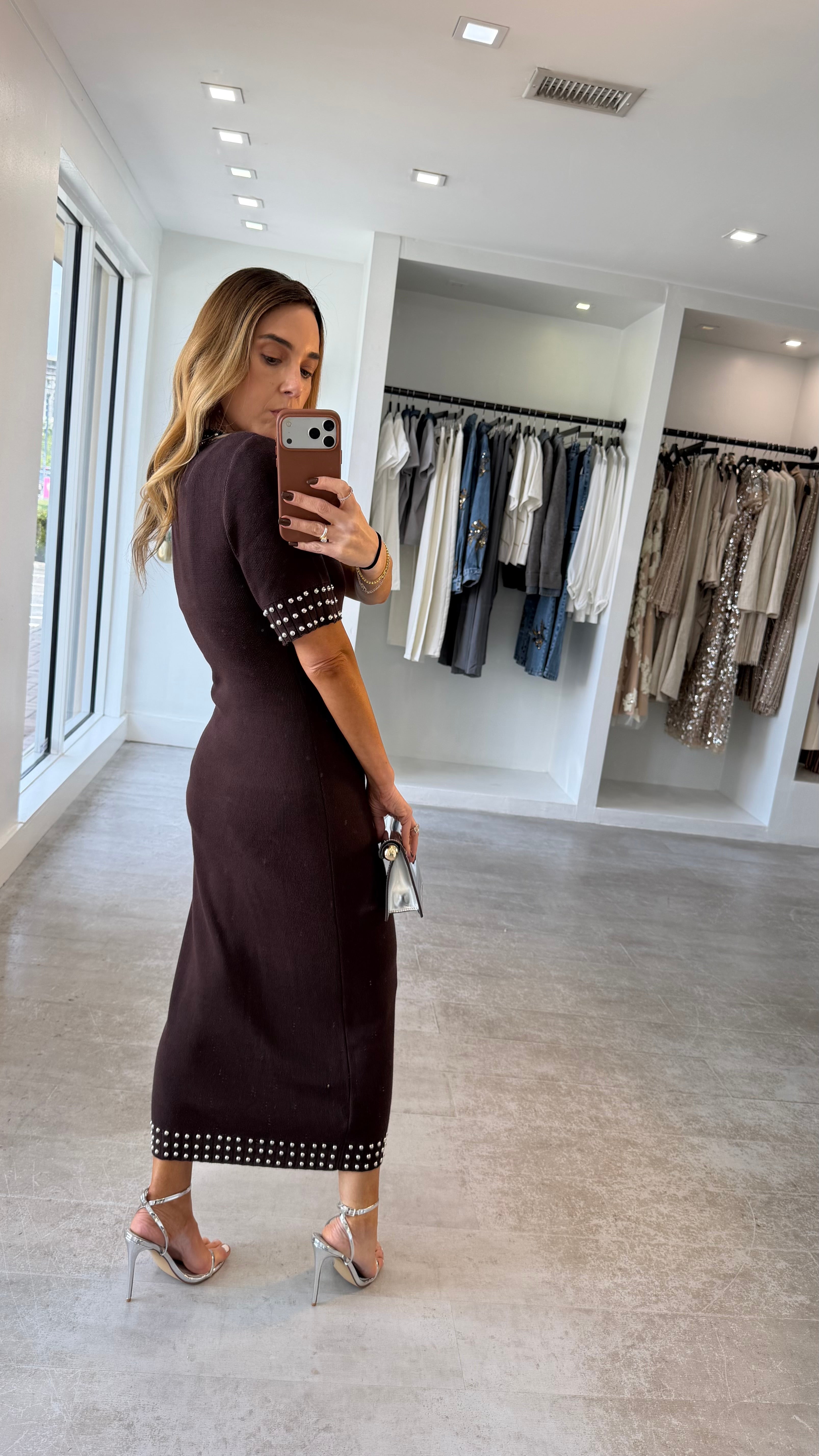 BROWN STUDDED MIDI