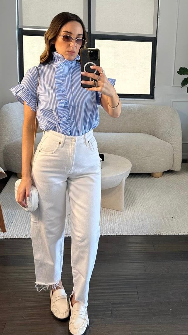 BLUE RUFFLE COLLAR TOP
