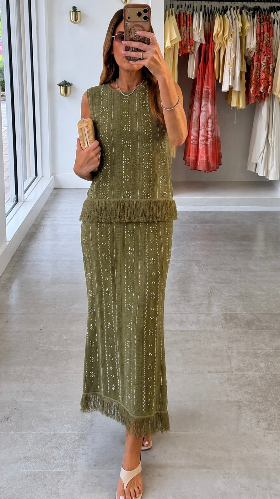 OLIVE FRINGE KNIT SET