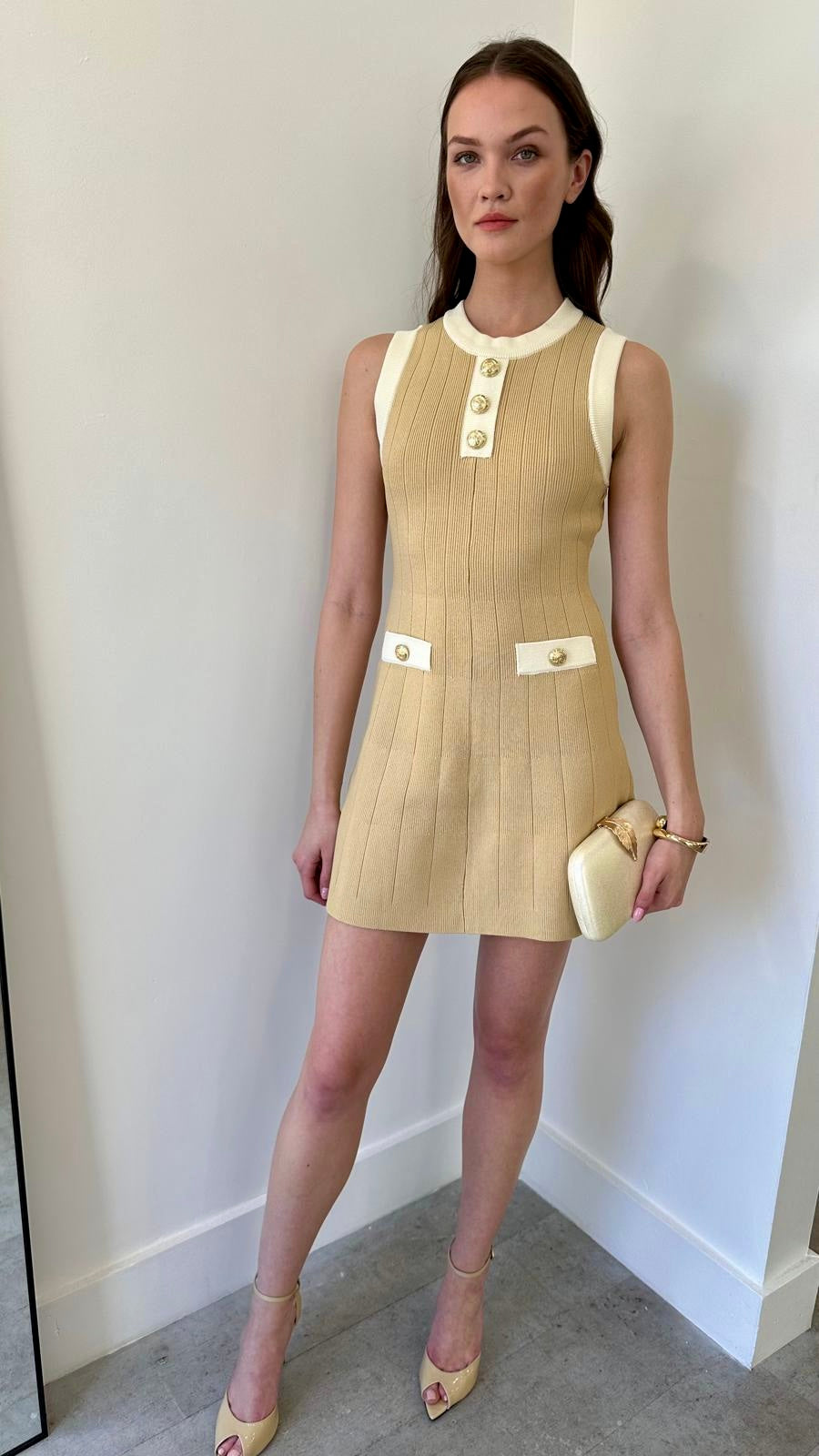 BEIGE CONTRAST KNIT DRESS