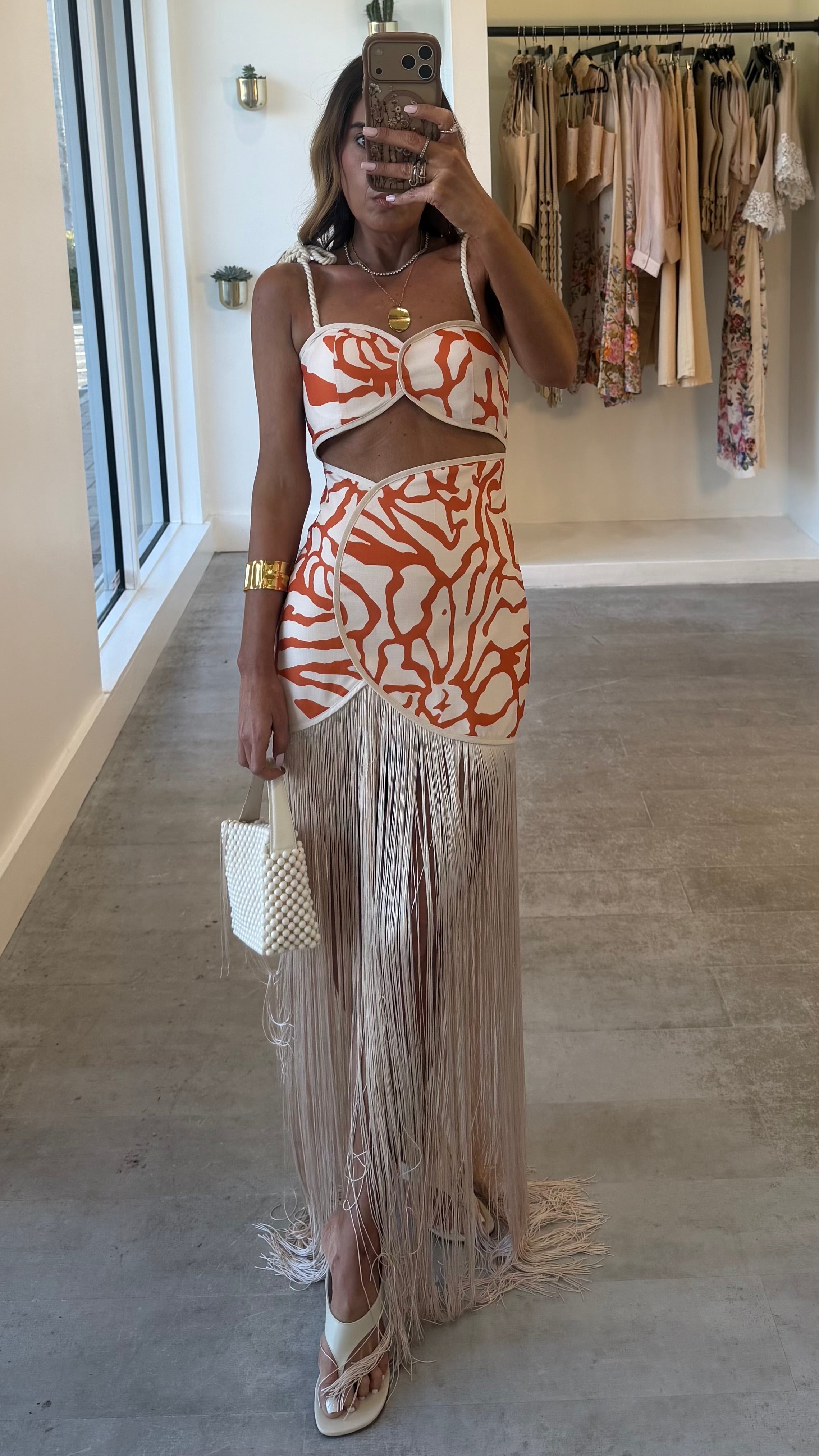 CORAL FRINGE CUTOUT DRESS