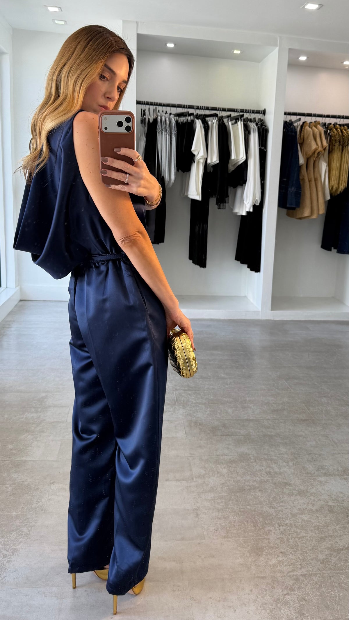 NAVY DRAPE JUMPSUIT