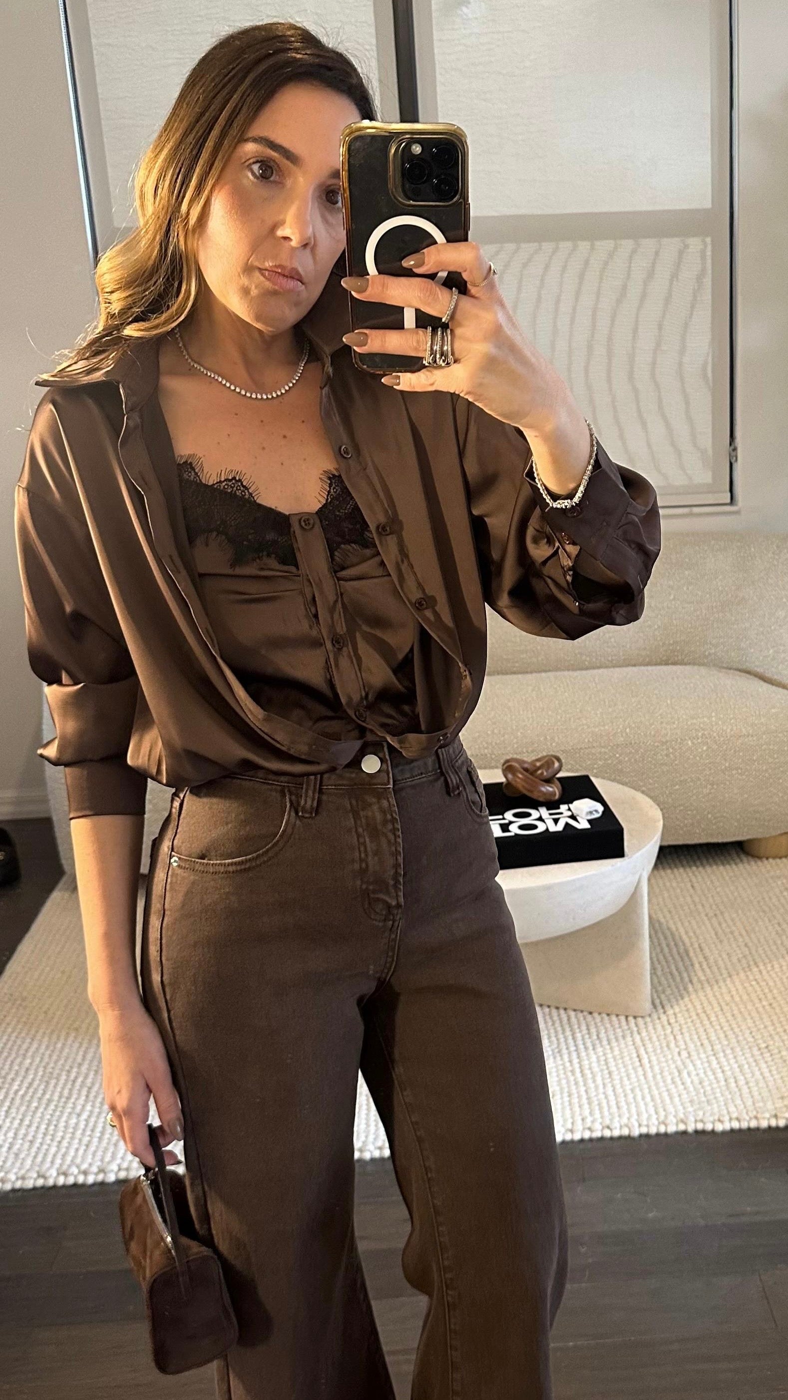 BROWN LACE SILK TOP