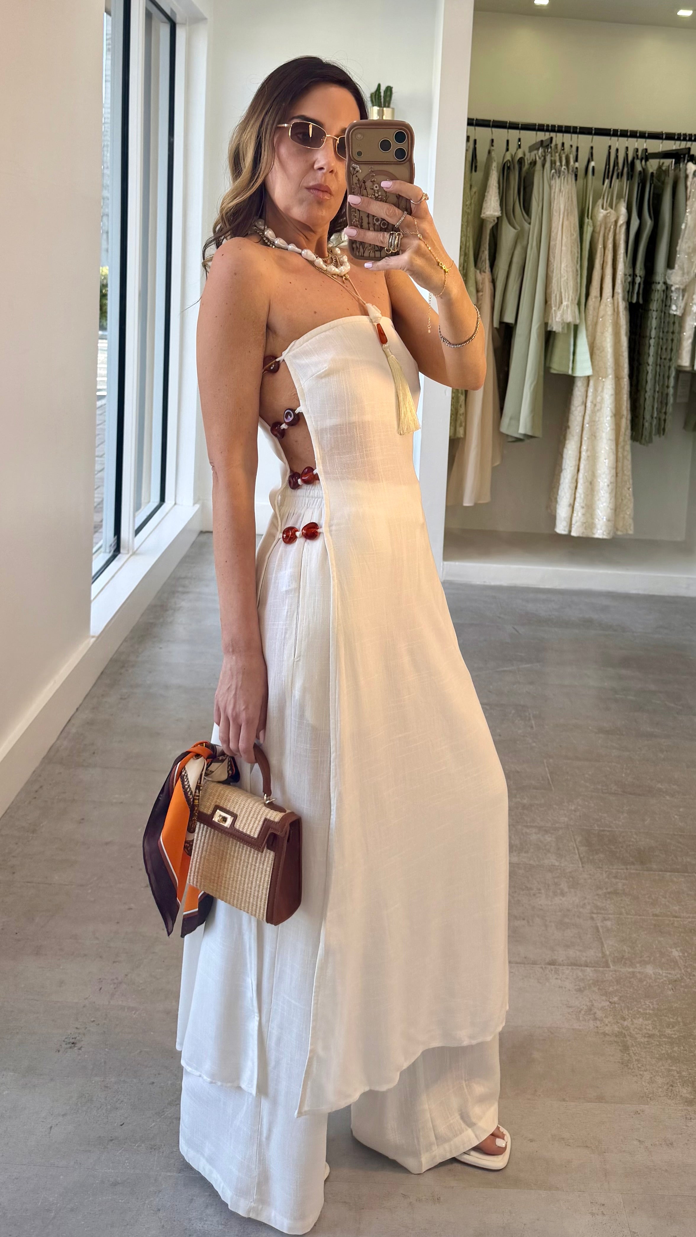 WHITE LINEN STONE PANT SET