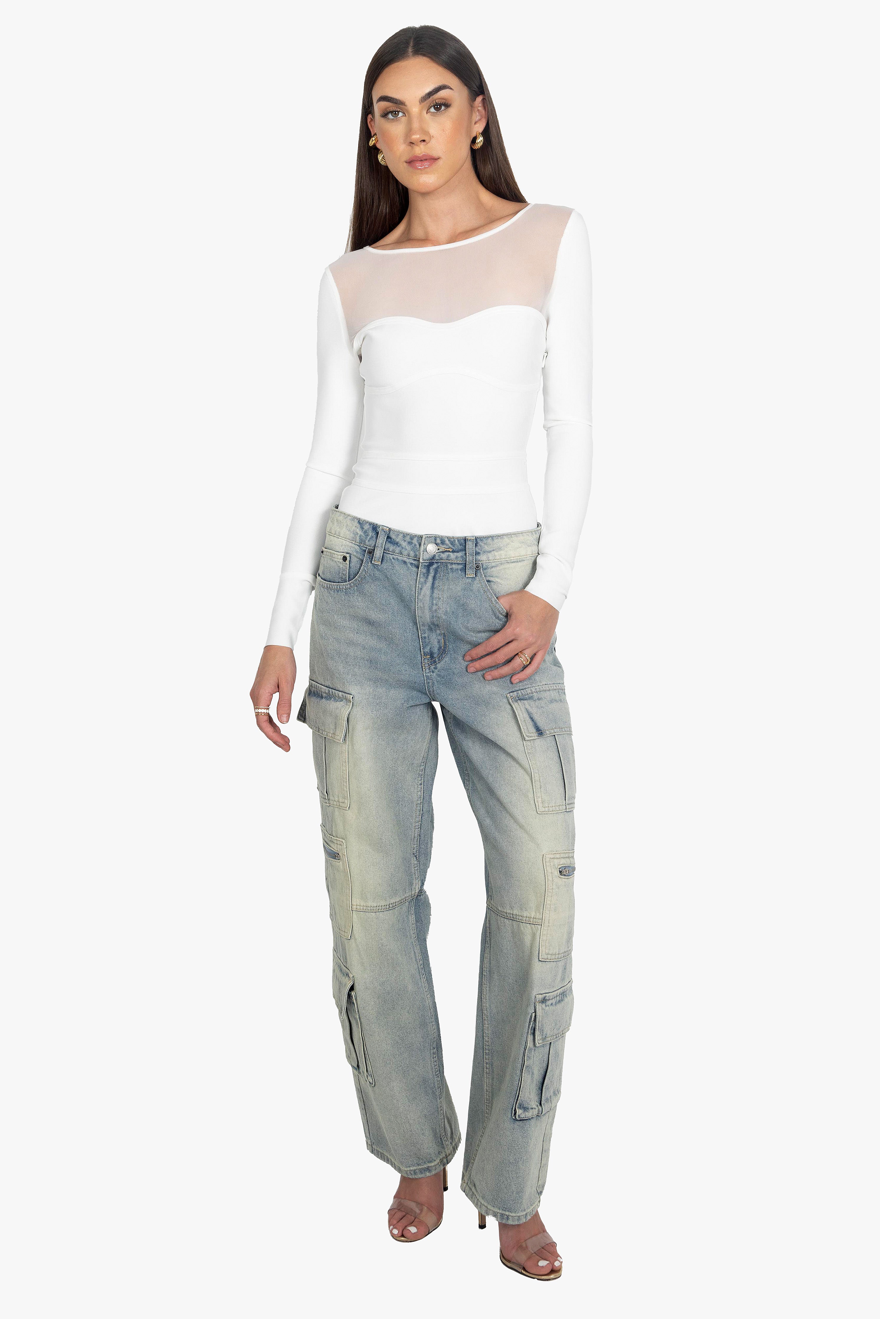WHITE MESH LONG SLEEVE TOP