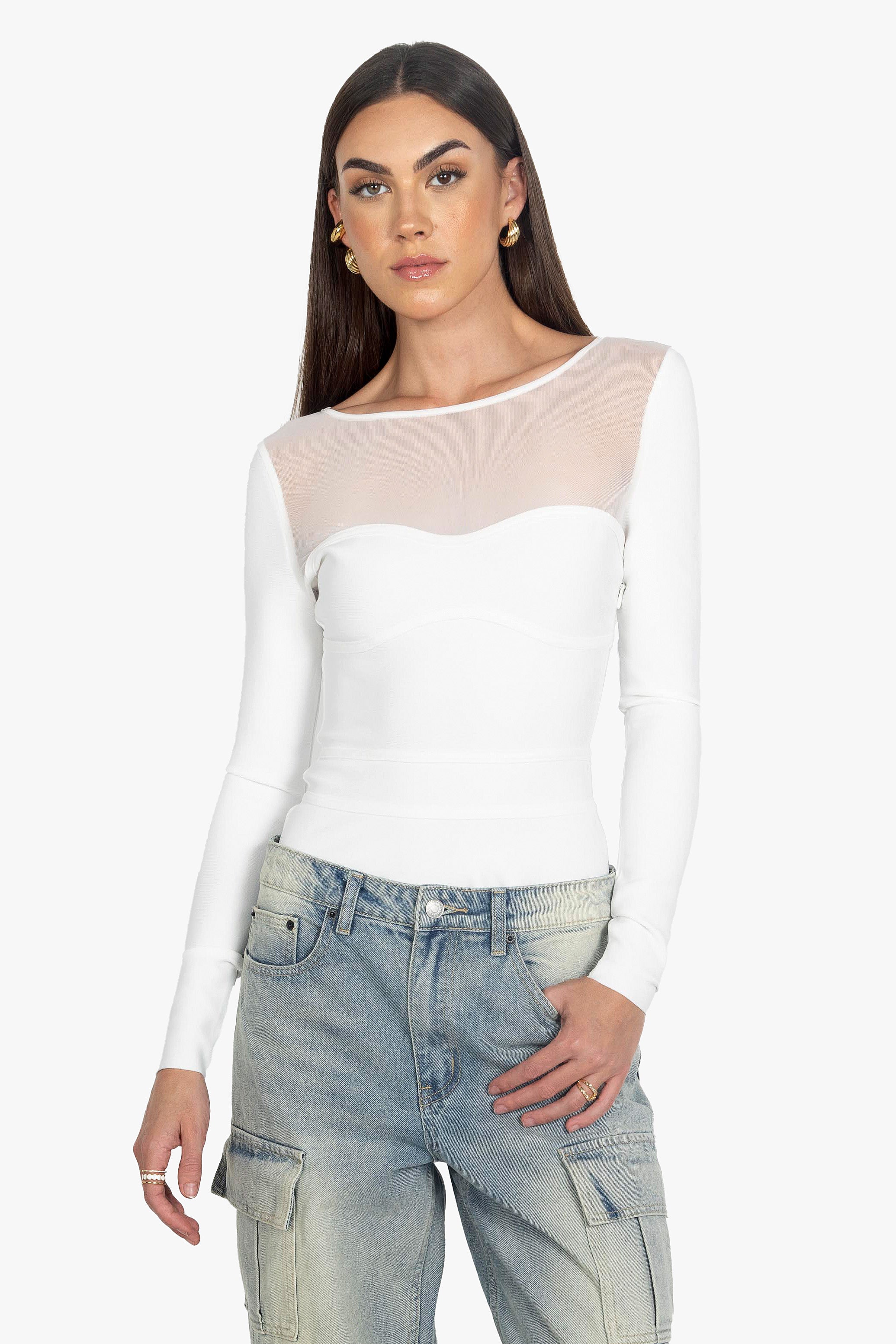 WHITE MESH LONG SLEEVE TOP
