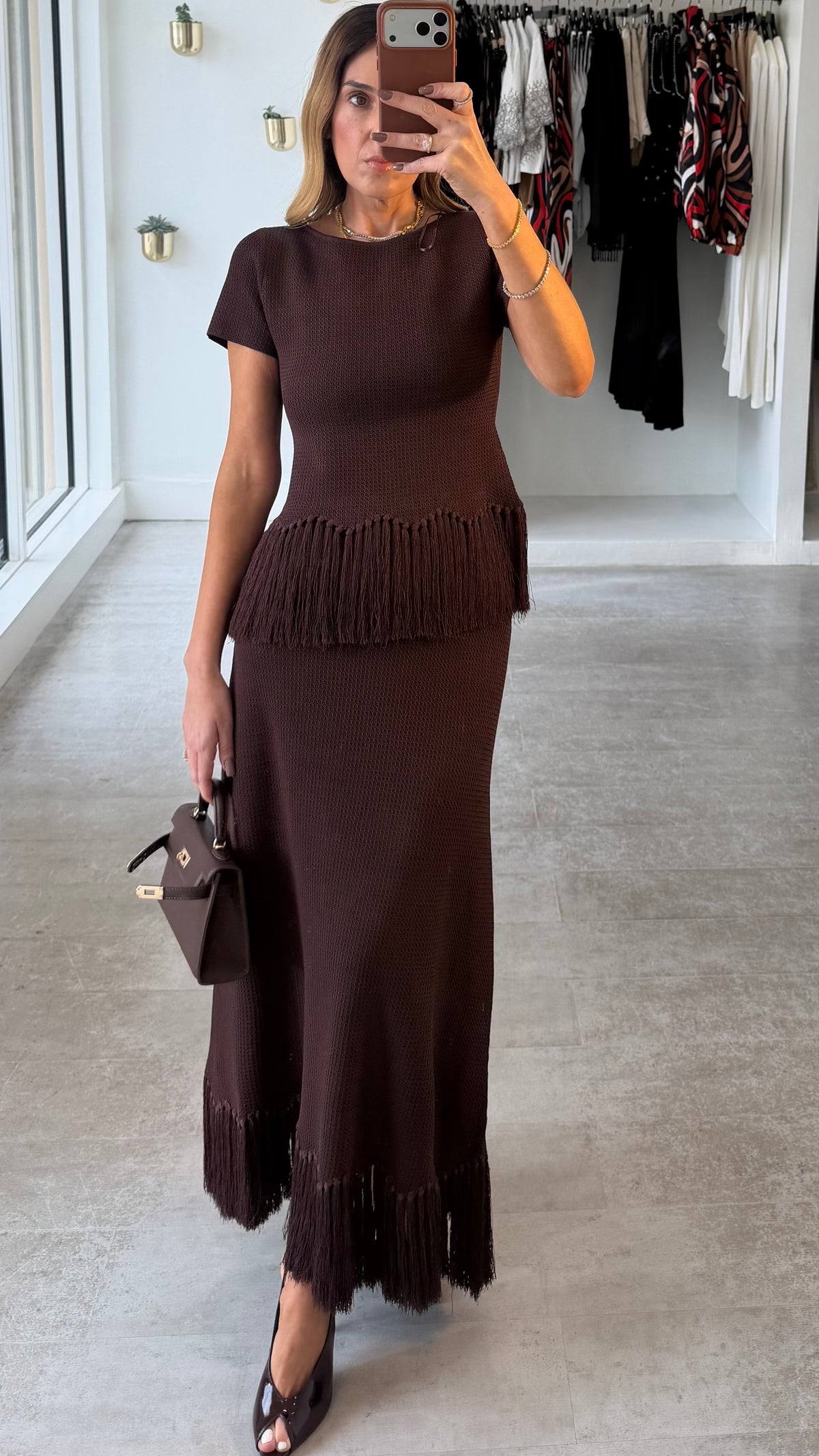 BROWN FRINGE KNIT SET