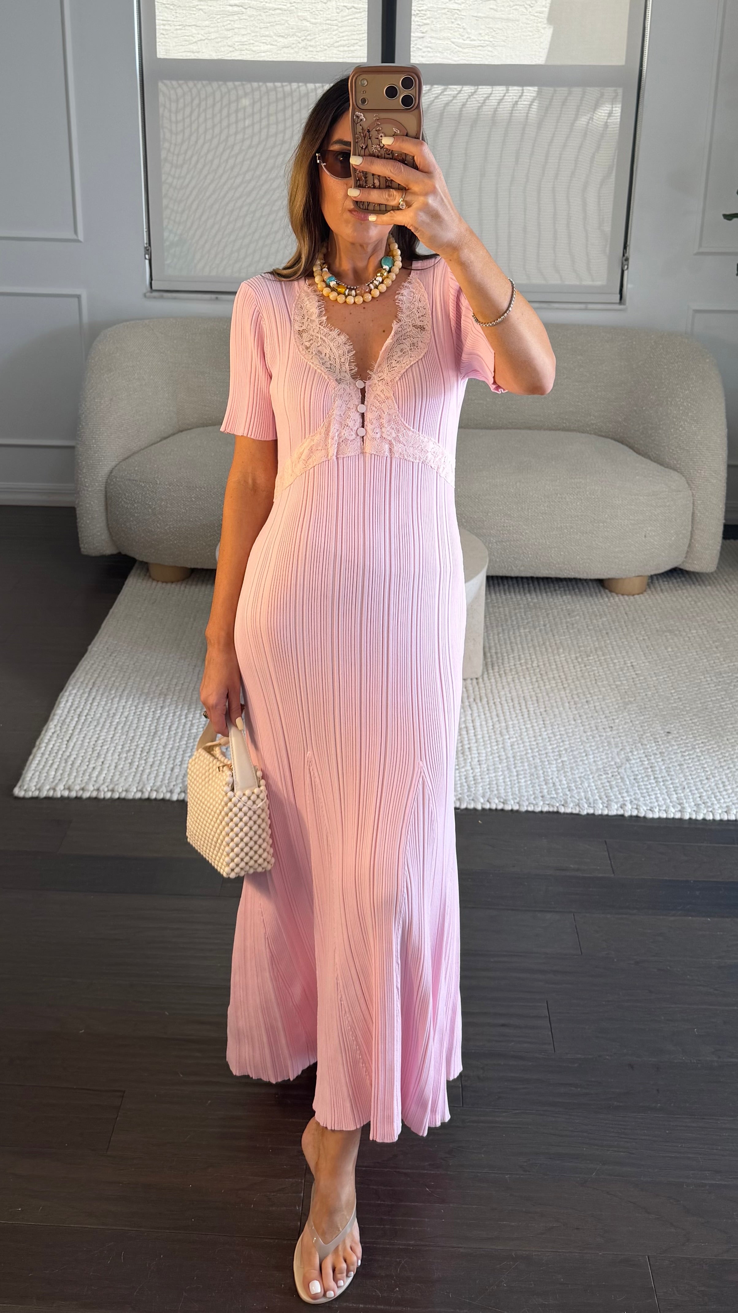 PINK LACE KNIT MIDI