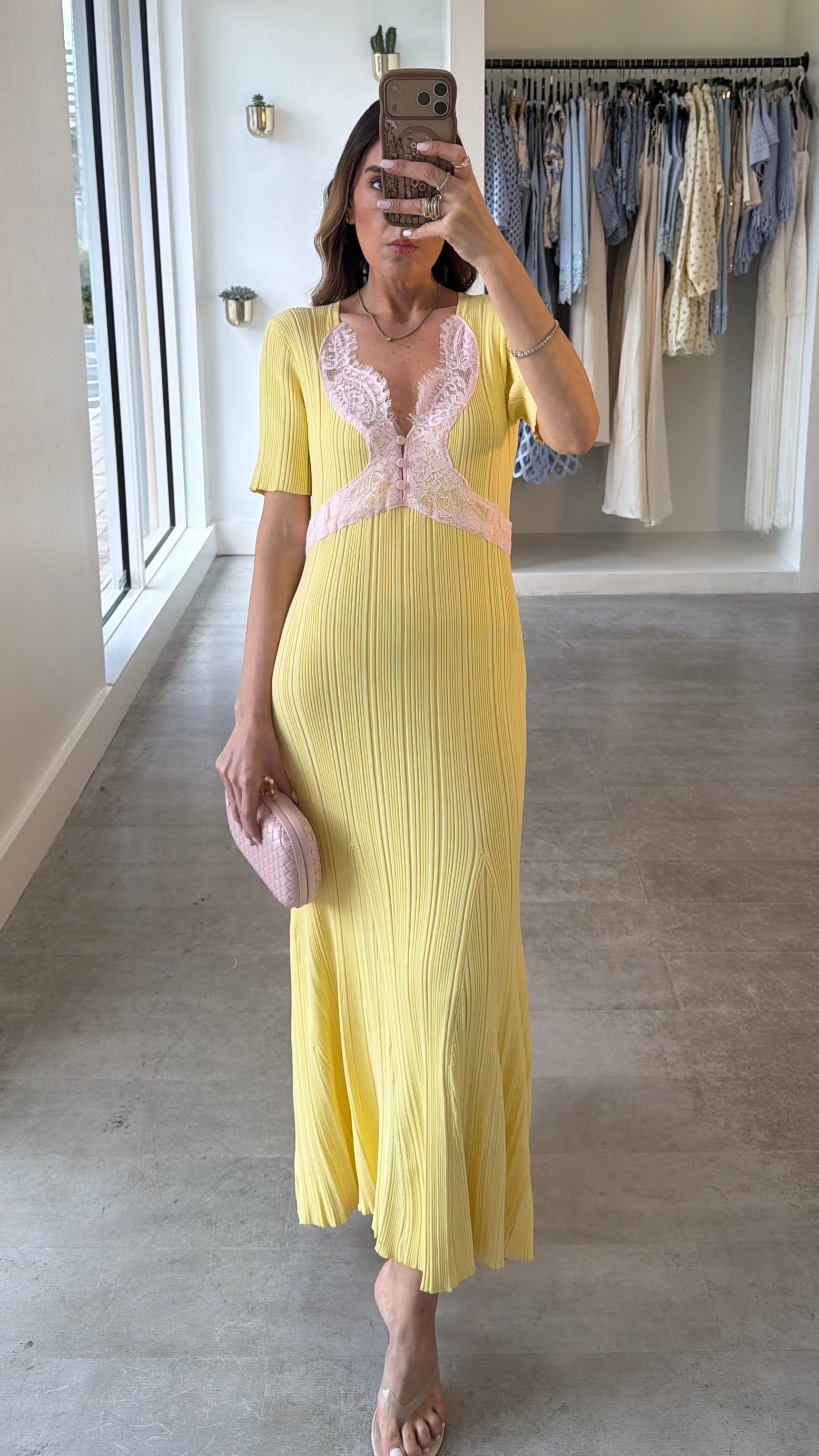 YELLOW LACE KNIT MIDI