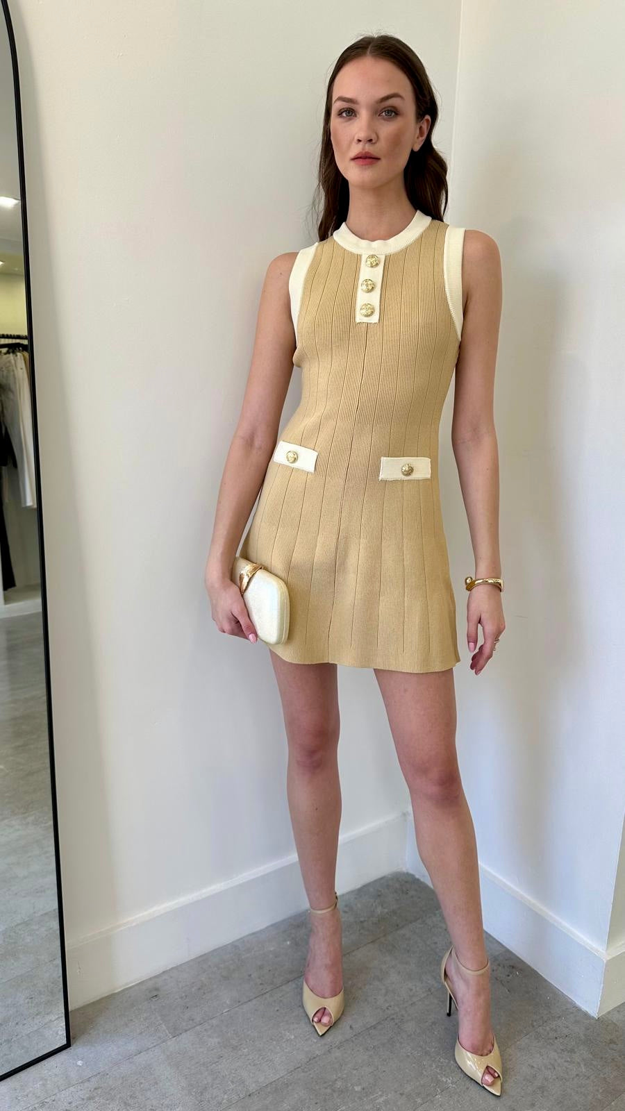 BEIGE CONTRAST KNIT DRESS