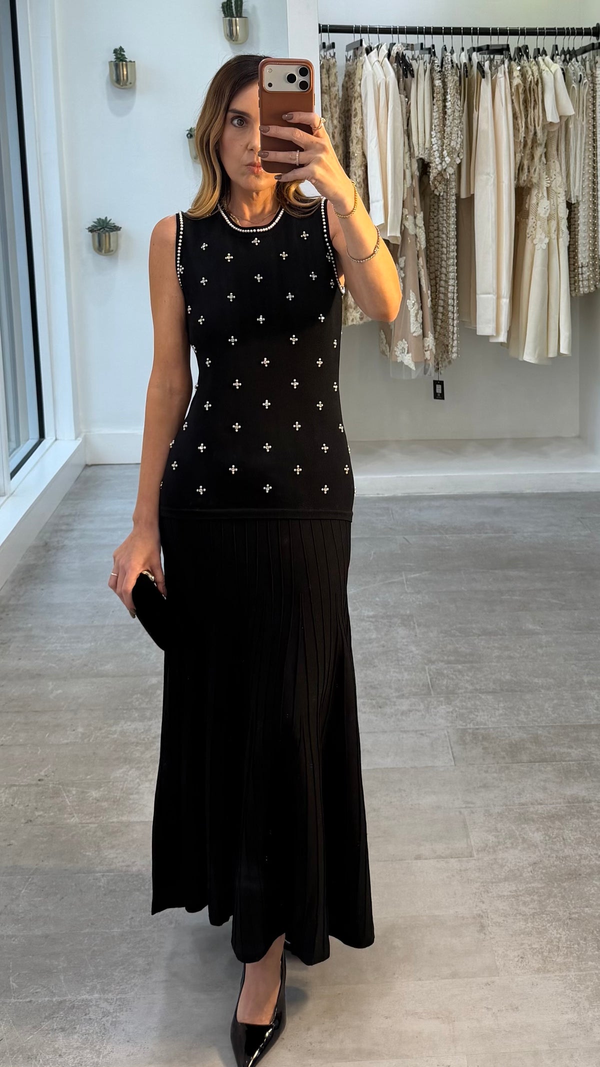 BLACK CRYSTAL PLEAT DRESS