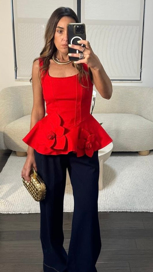 RED FLEUR PEPLUM TOP
