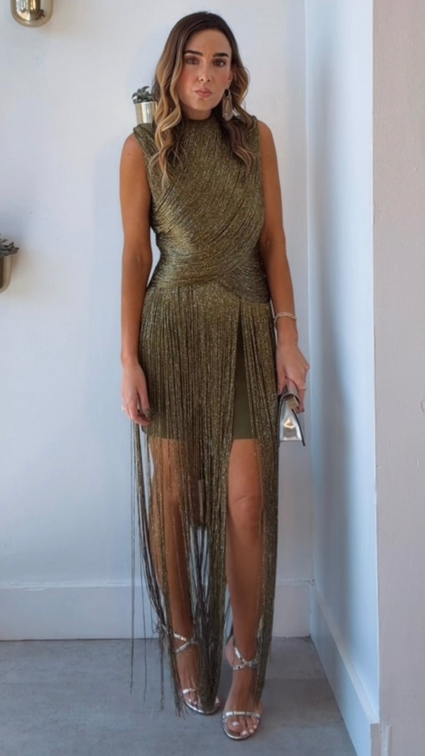OLIVE BANDAGE FRINGE DRESS