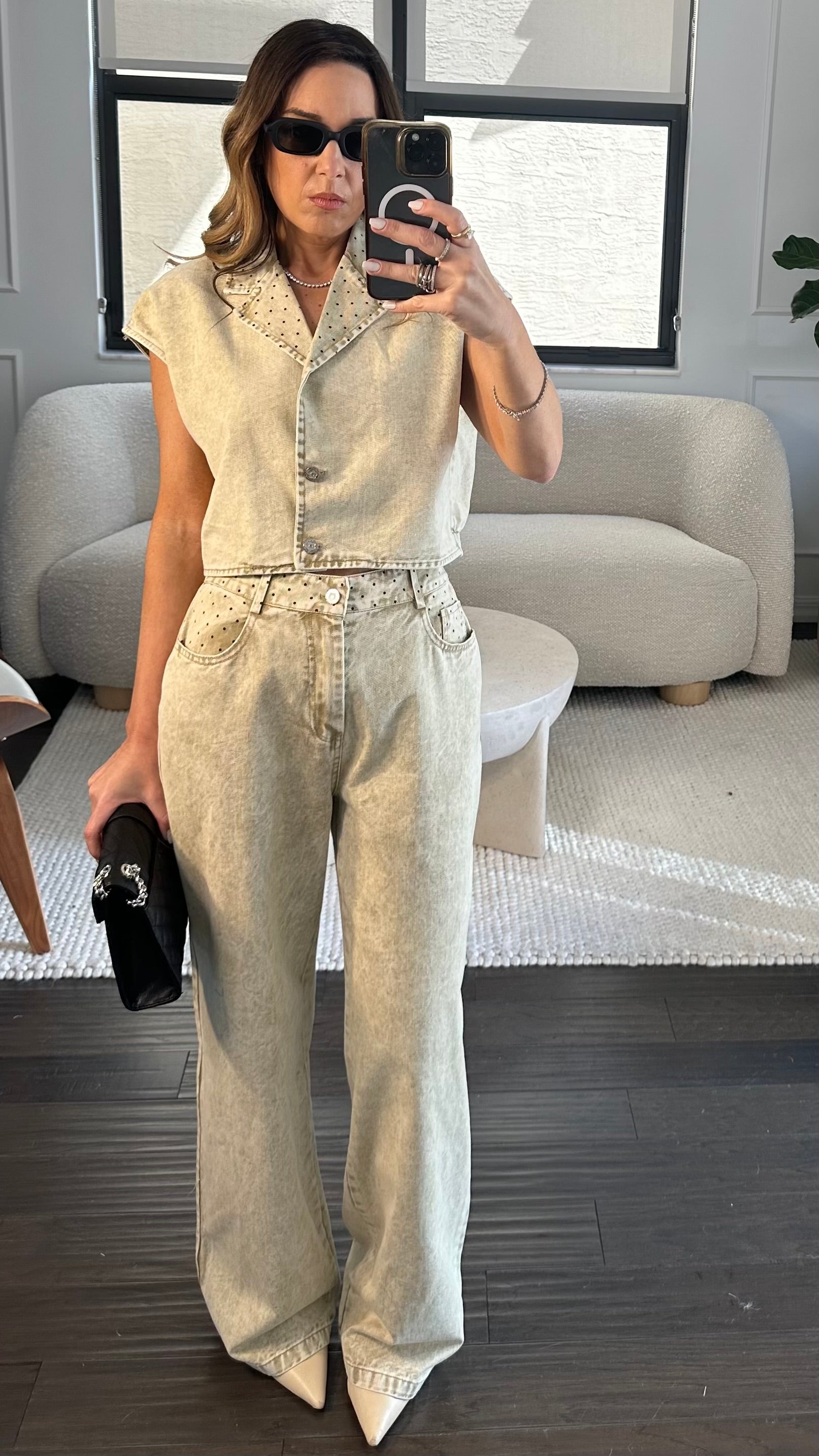 BEIGE POLKA DENIM SET