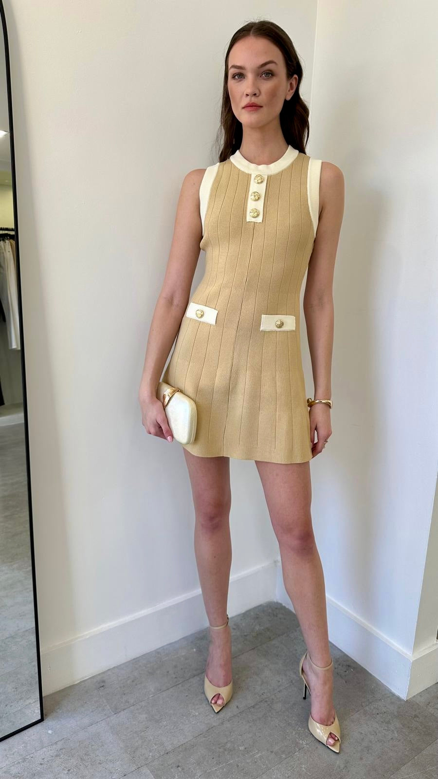 BEIGE CONTRAST KNIT DRESS