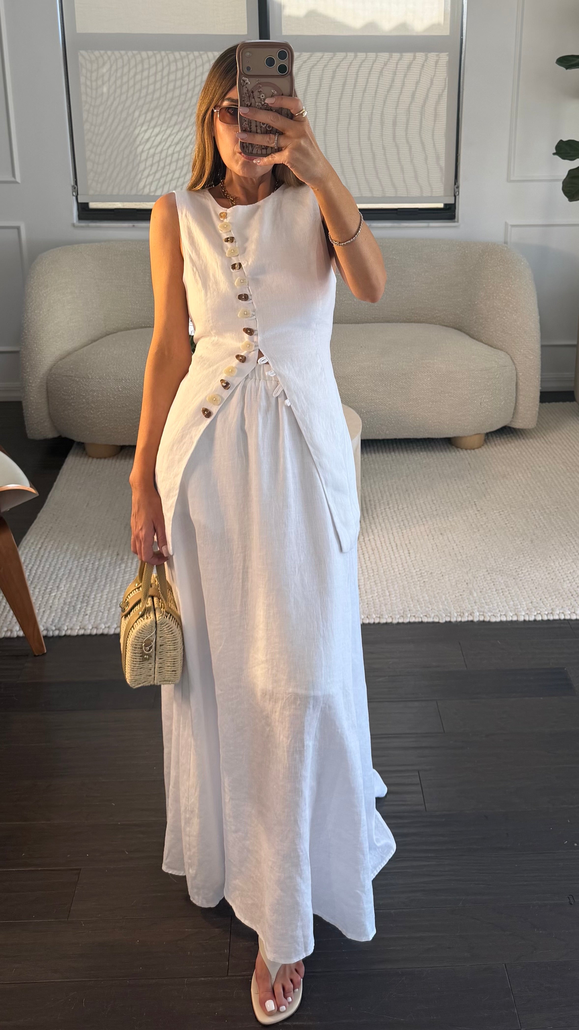 WHITE LINEN BUTTON SKIRT SET