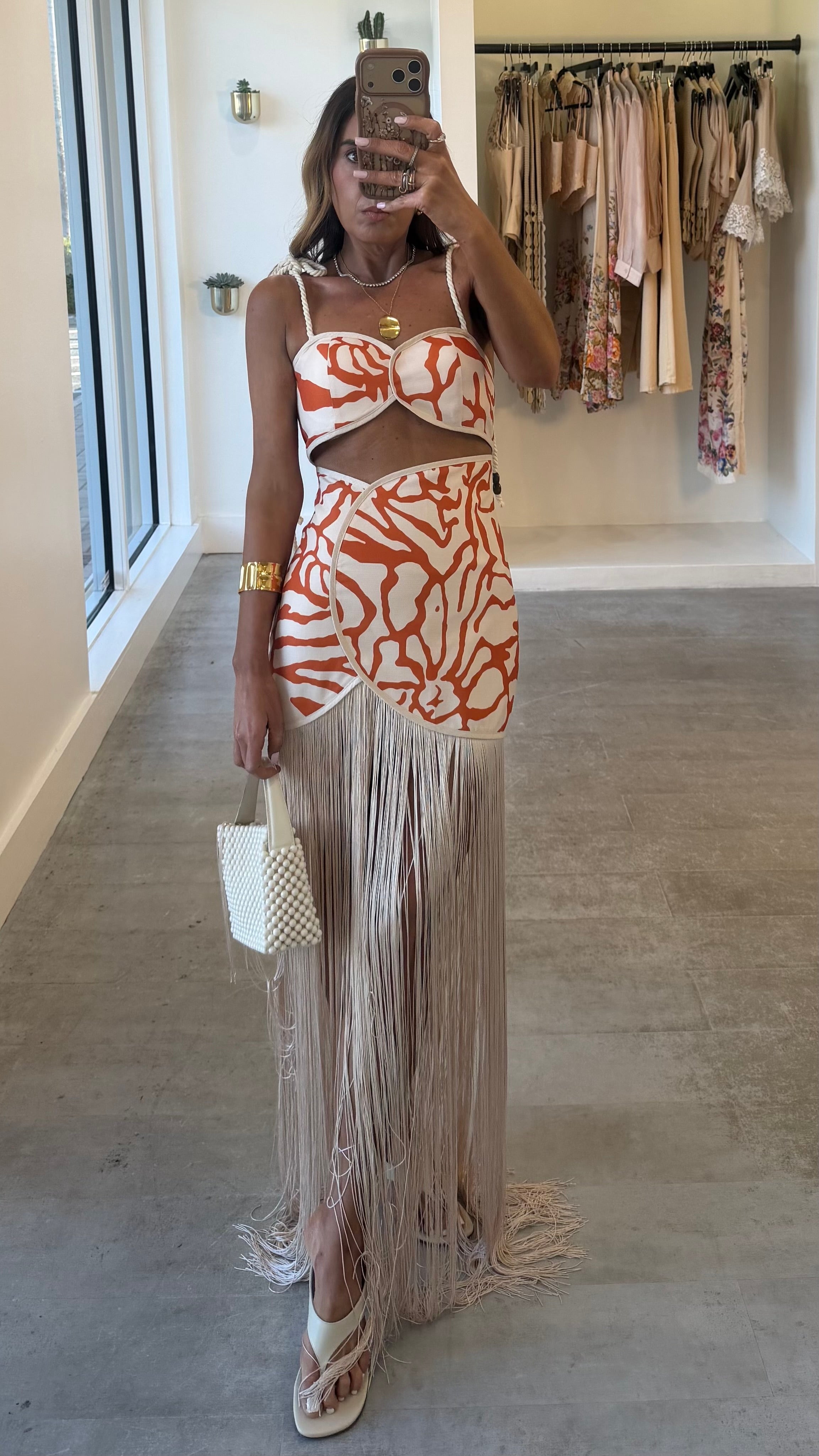 CORAL FRINGE CUTOUT DRESS