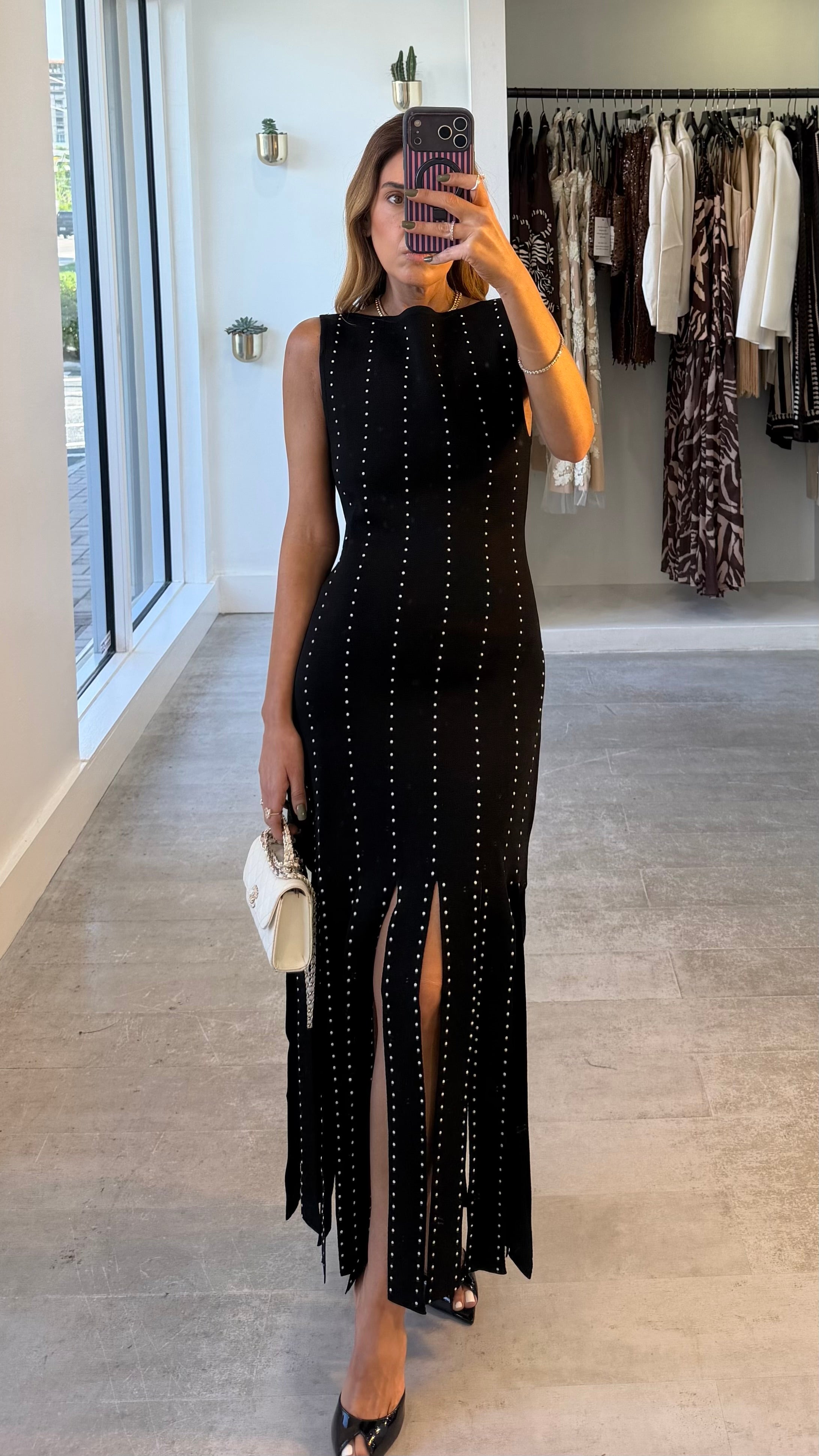 STUDDED FRINGE MIDI