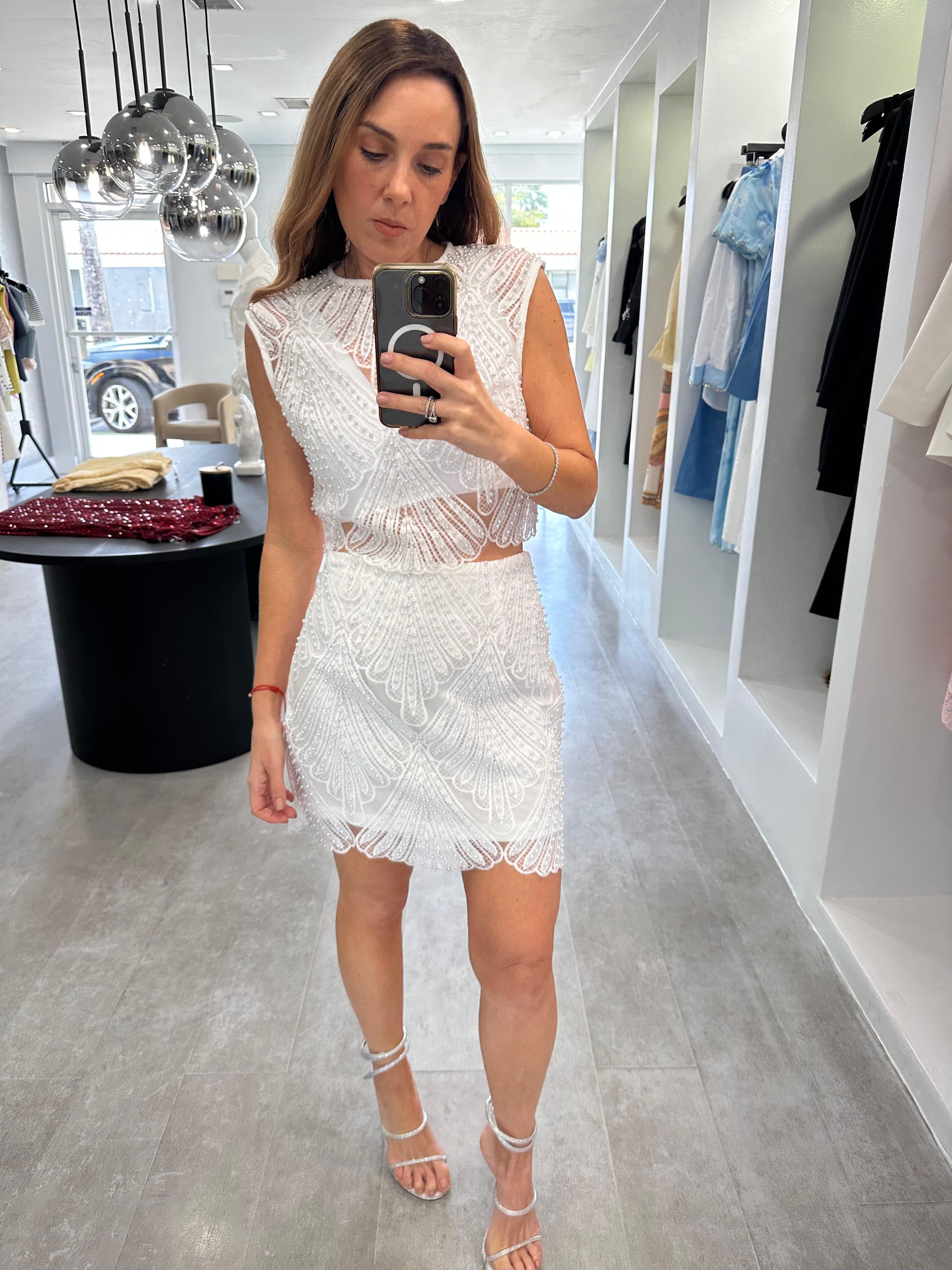 Pearl white mini skirt set