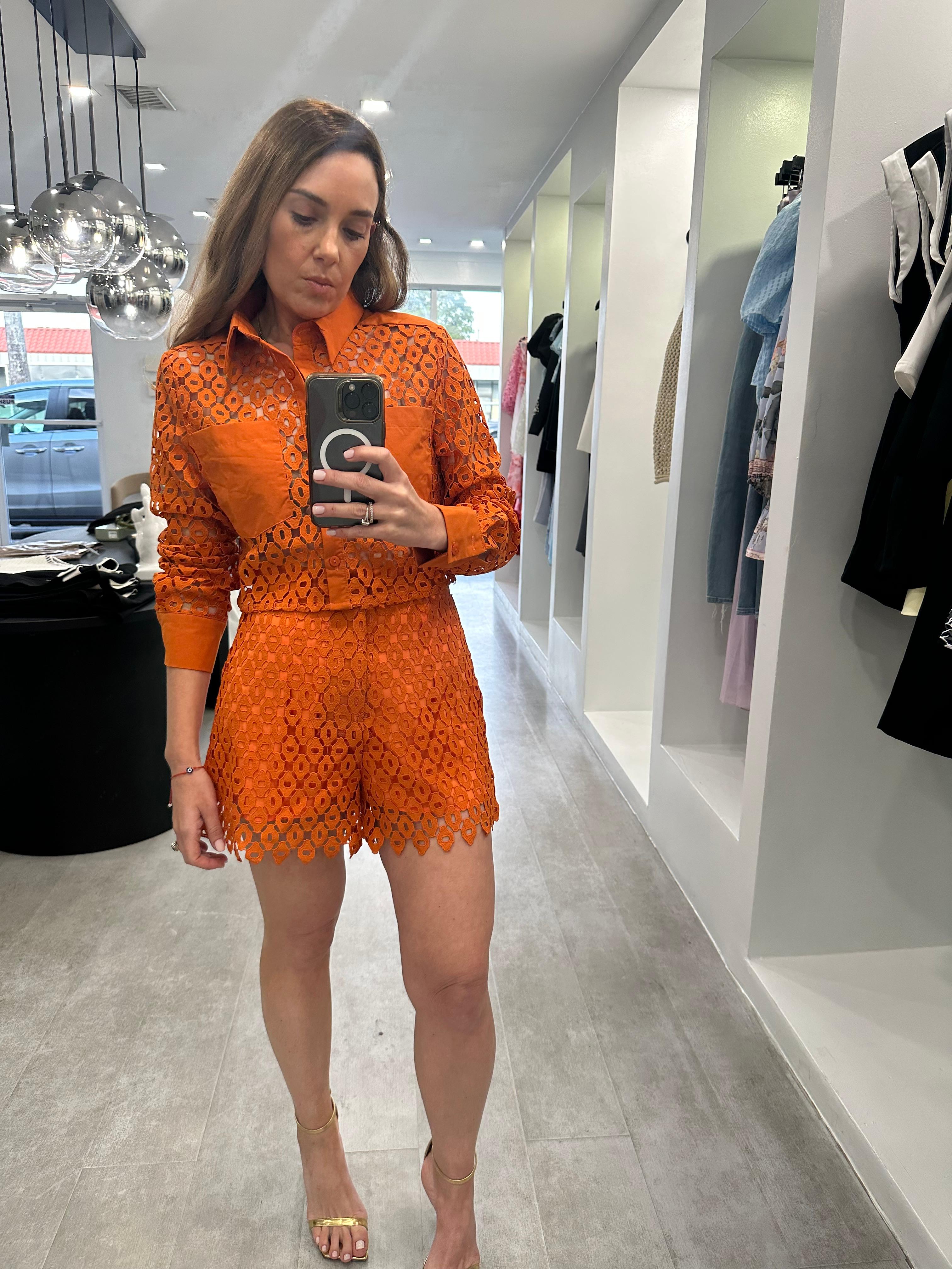 Eyelet orange short set
