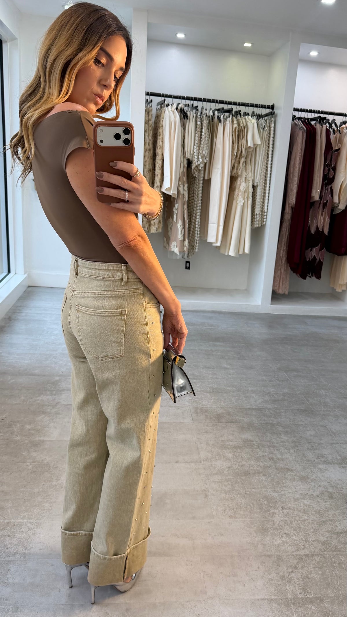 BEIGE STUDDED DENIM