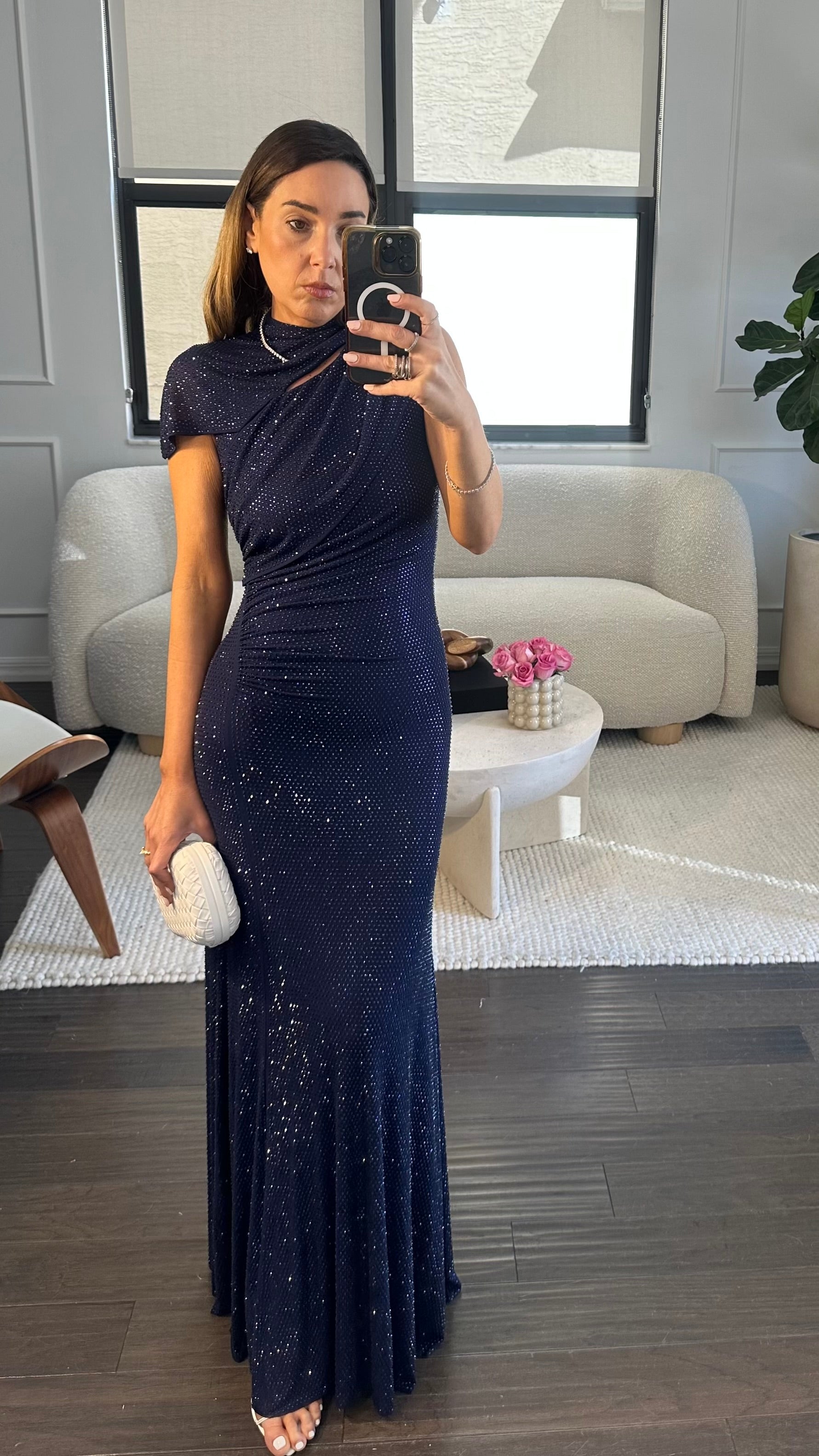 NAVY SHINE CAPE DRESS