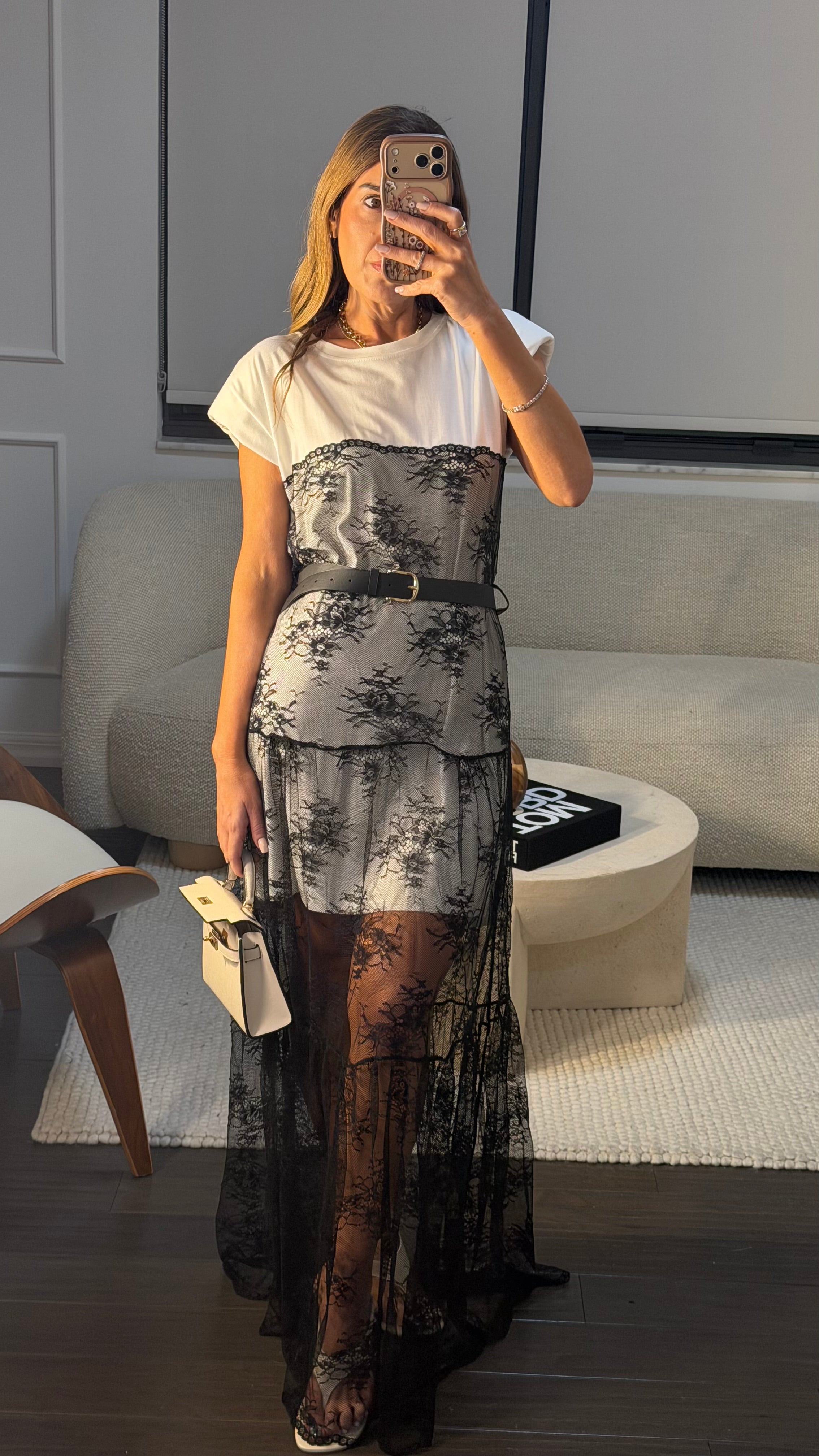 LACE ILLUSION BELTED DRESS
