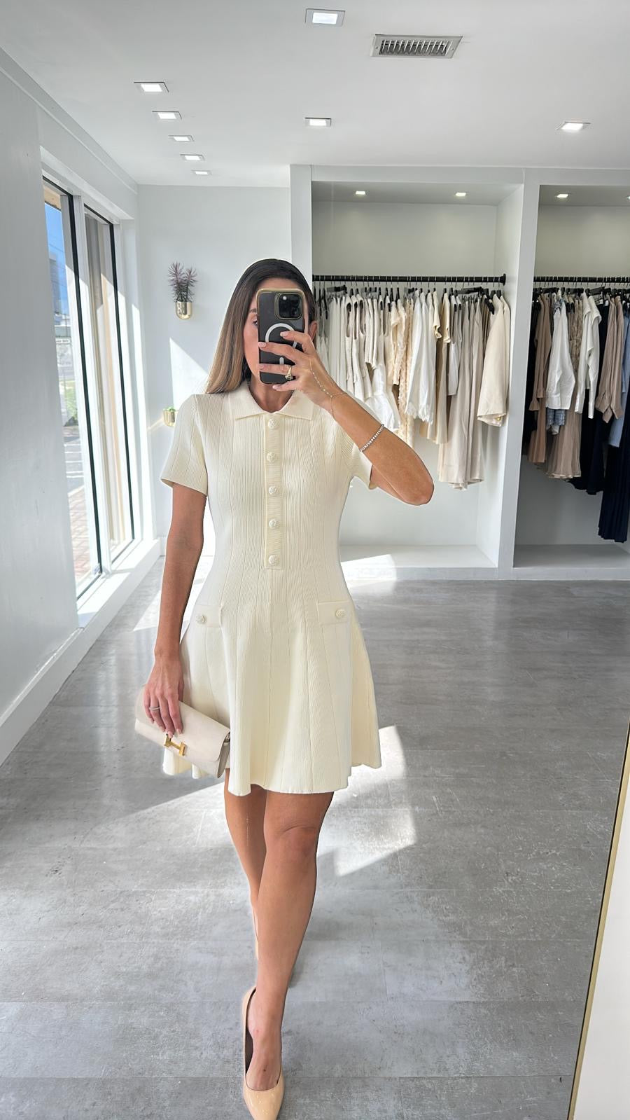 IVORY JEWELED BUTTONED DRESS