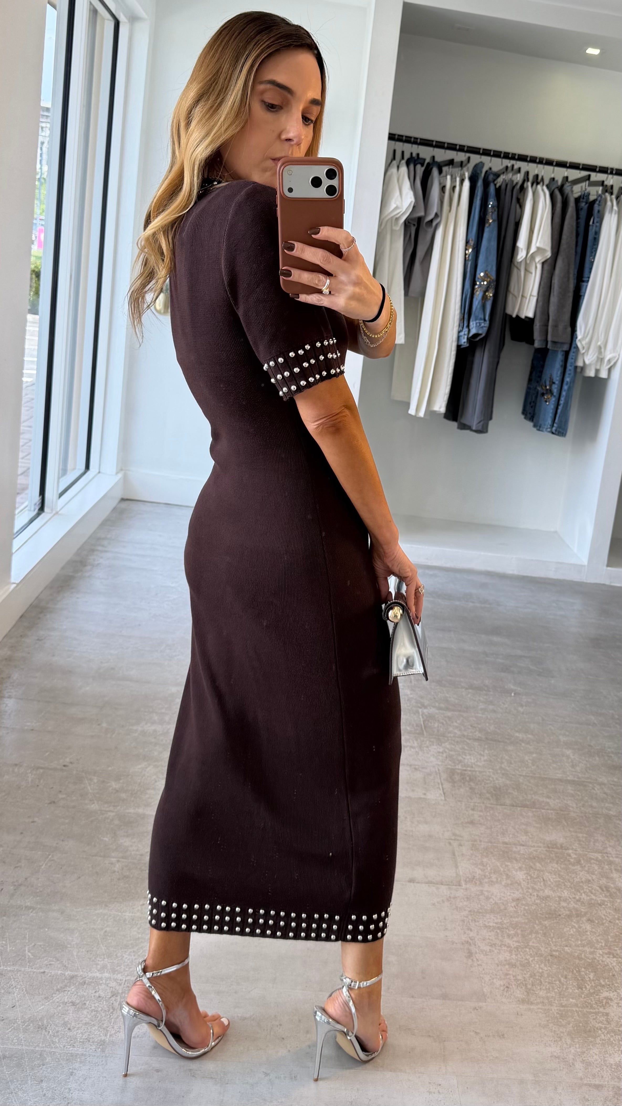 BROWN STUDDED MIDI