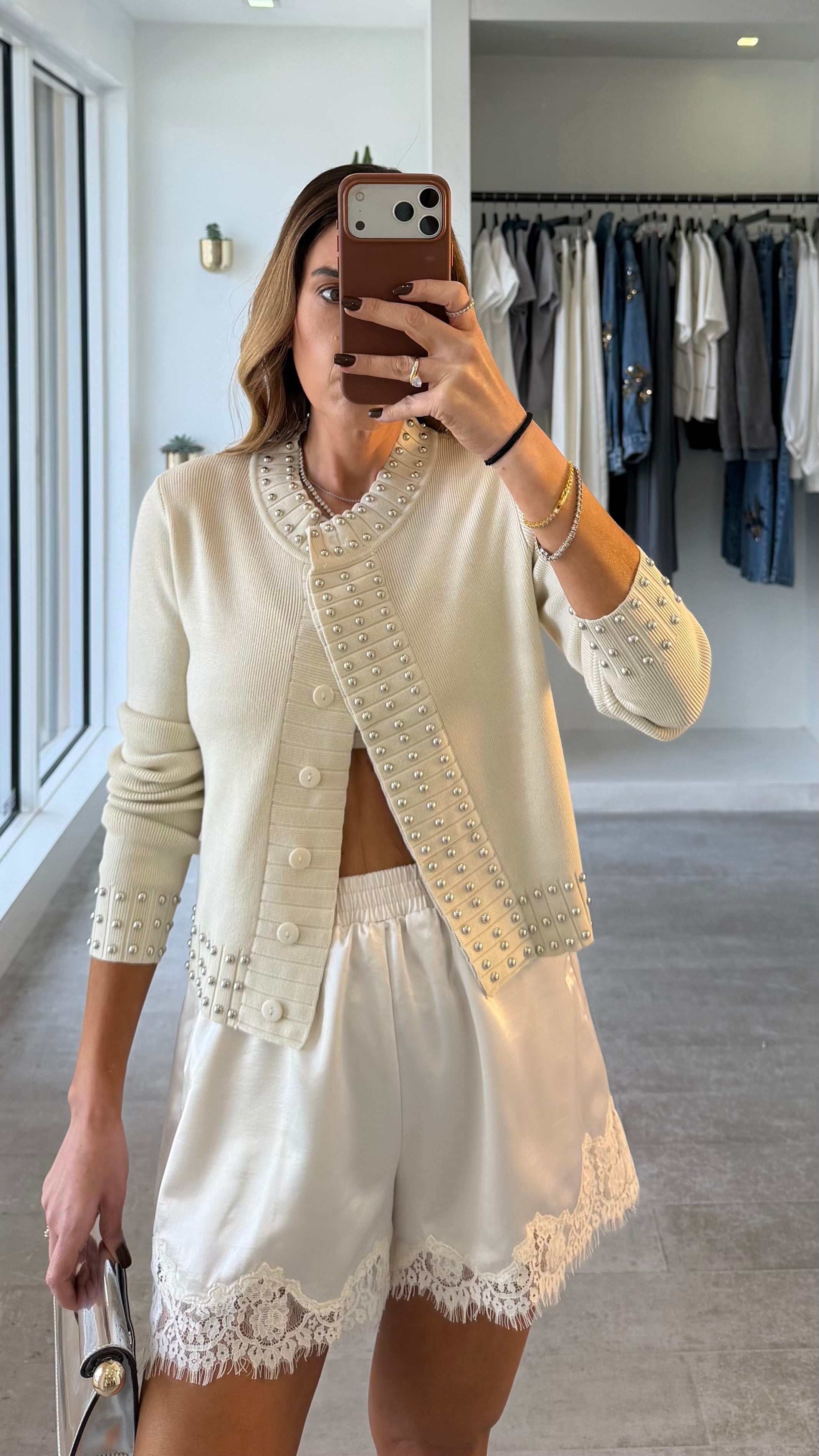 BONE STUDDED CARDI