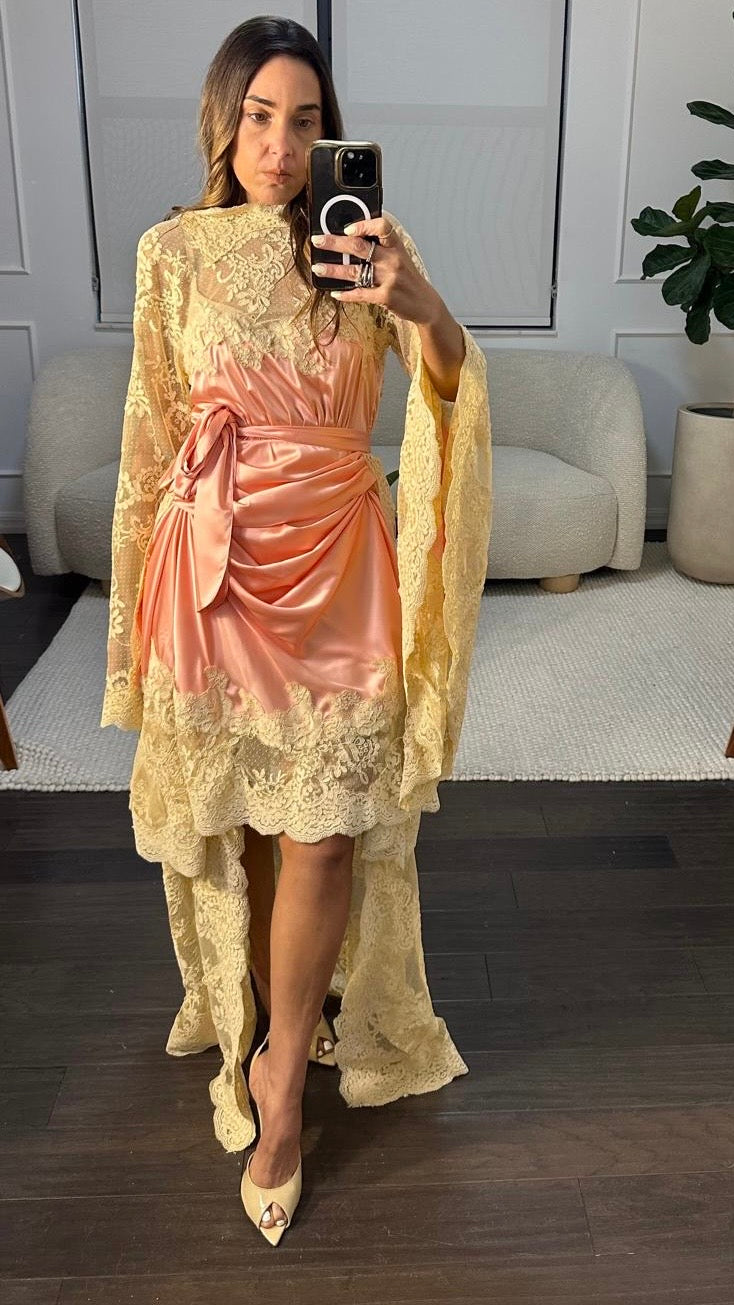 SATIN LACE WRAP DRESS