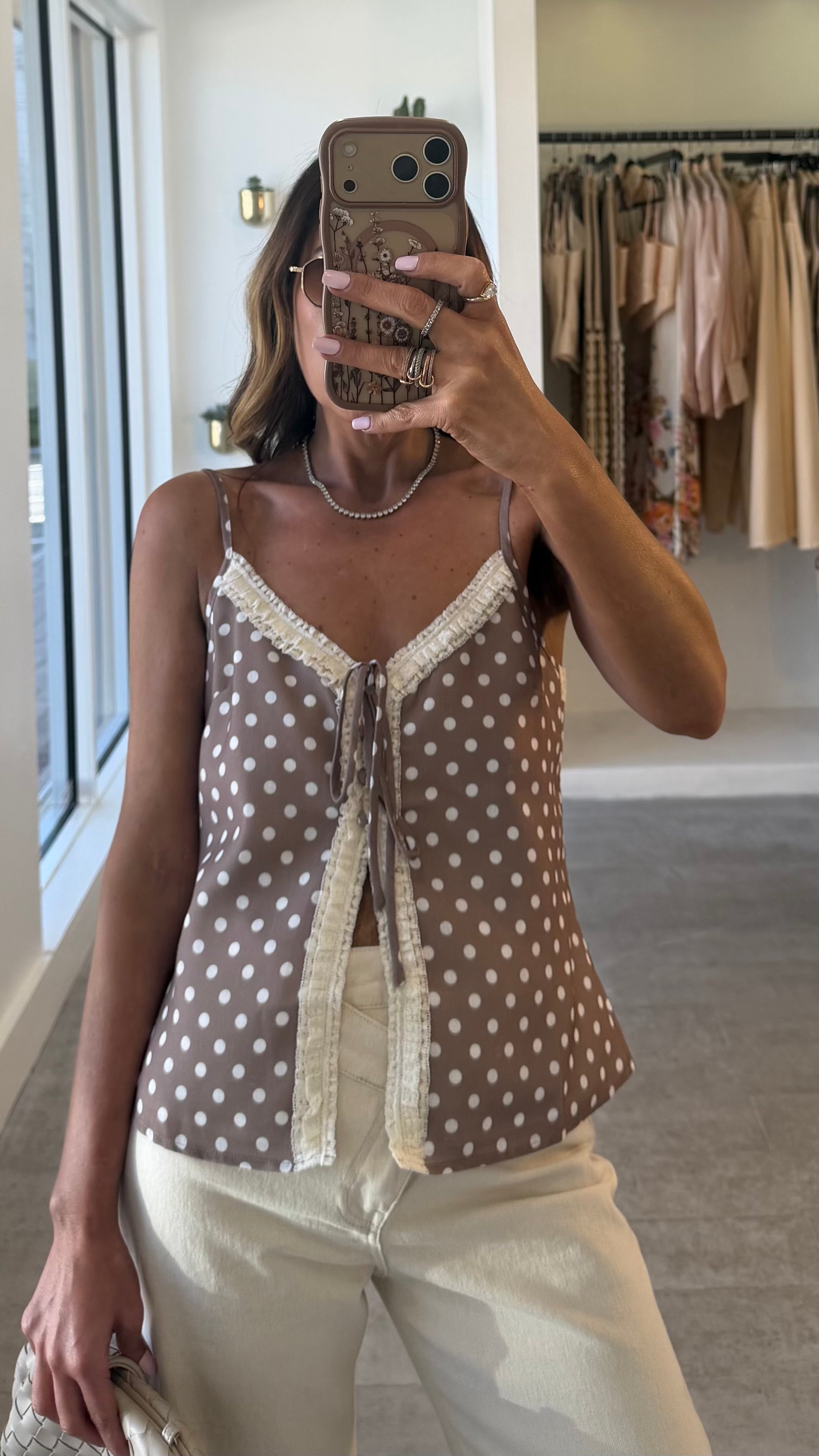 BROWN DOT TIE TOP